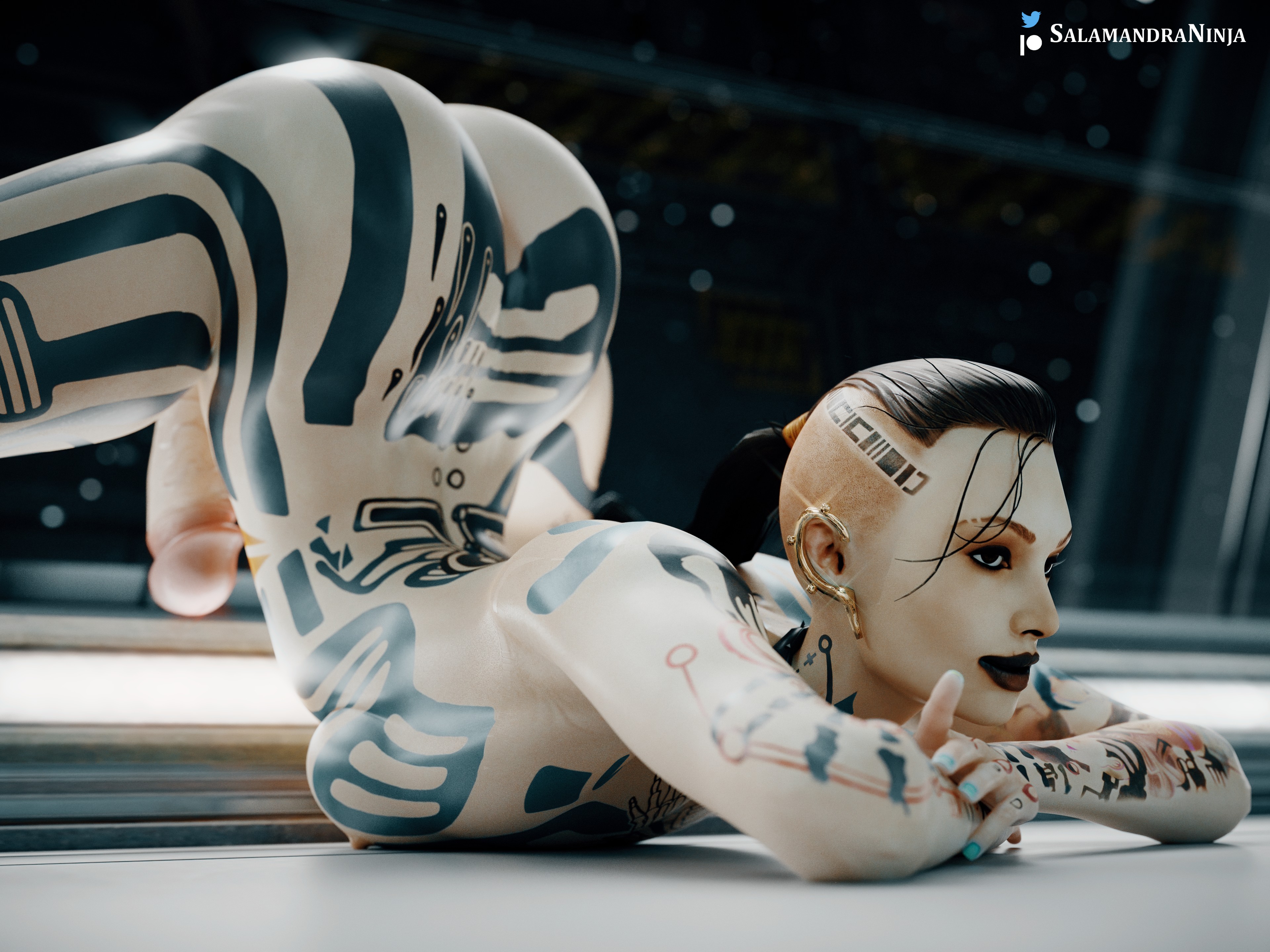 1futa, 3d, ass, ass up, big ass, breasts, futa only, futanari, intersex, jack (mass effect), jack-o pose, mass effect, penis, salamandraninja, solo, solo futa, tattoo