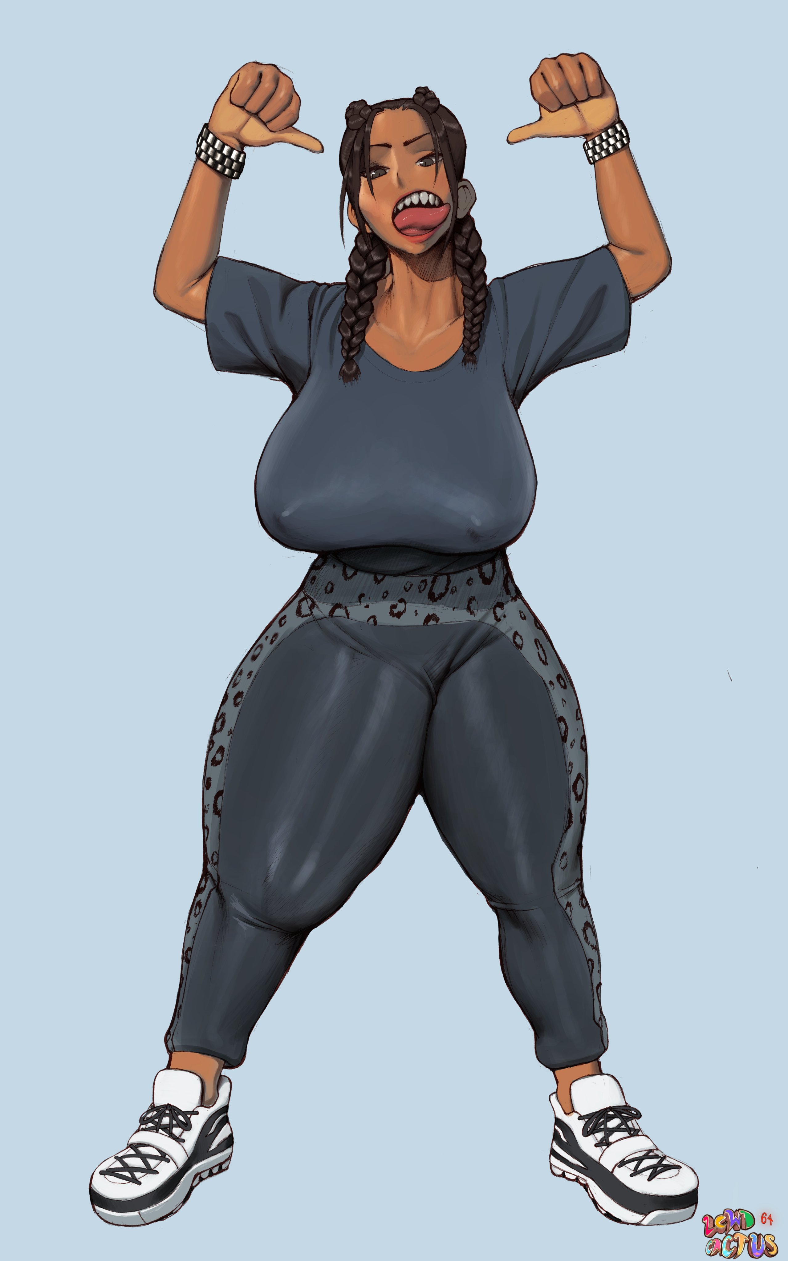 1futa, big breasts, braided twintails, breasts, bulge, erection under clothes, futa only, futanari, huge breasts, huge penis, intersex, large breasts, lewdcactus, namespace, penis, penis under clothes, solo, thick thighs
