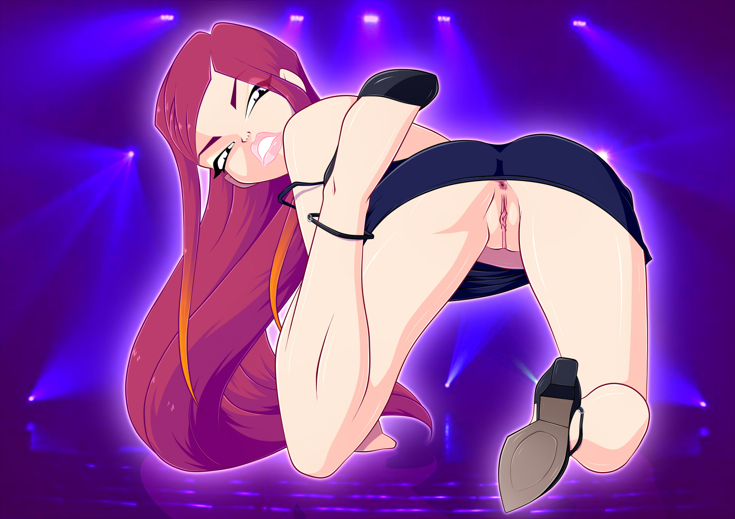 1girls, 4kids entertainment, all fours, anus, ass, blue eyes, dress, eyeshadow, female, gradient hair, high heels, long hair, looking at viewer, looking back, nickelodeon, no panties, pink hair, presenting, pussy, rainbow (animation studio), roxy (winx club), solo, thick thighs, winx club, zfive