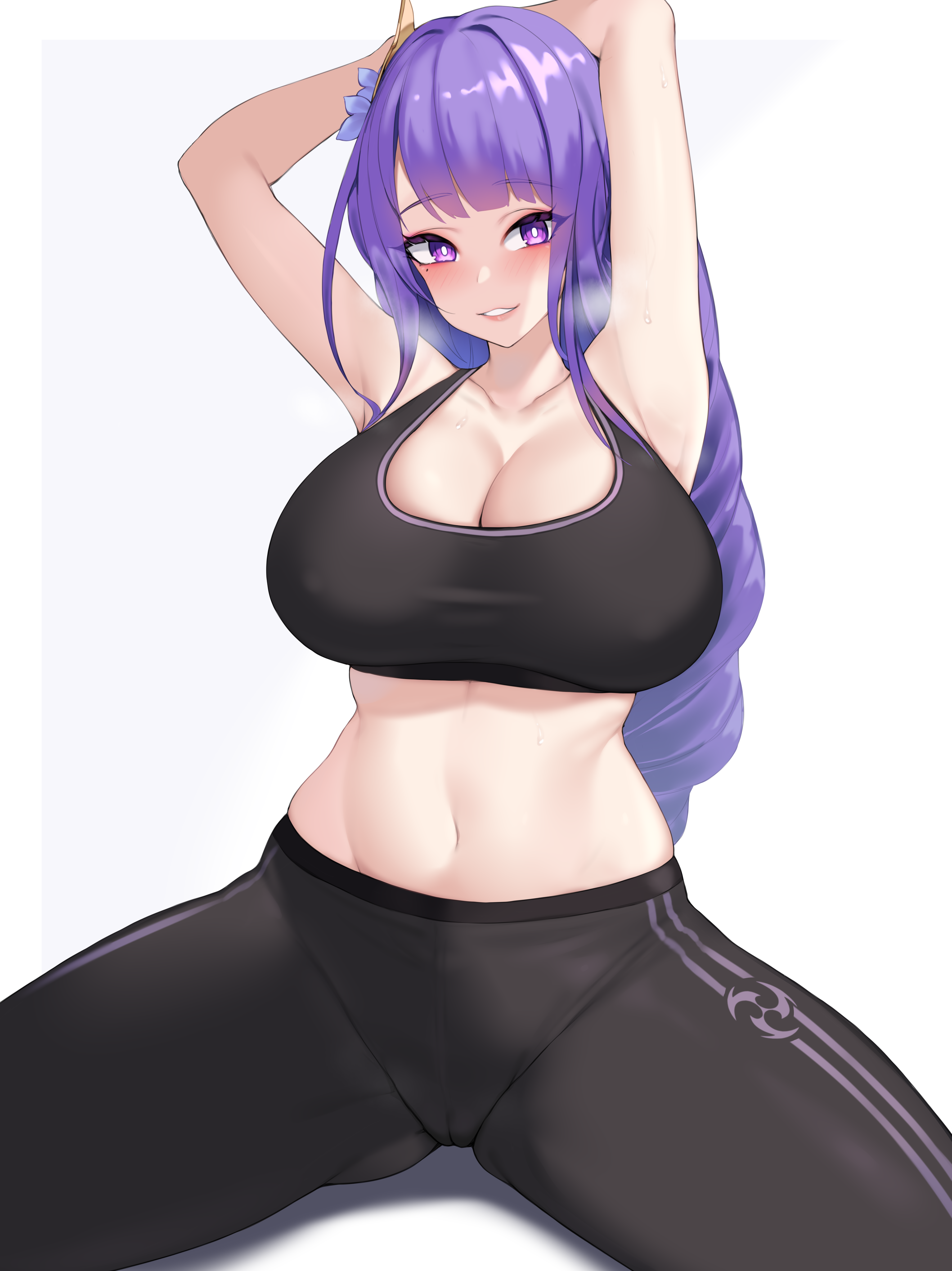 1girls, 2021, armpits, arms above head, arms up, belly button, black sports bra, black yoga pants, breasts, cameltoe, cleavage, female, female focus, female only, genshin impact, hair ornament, hi res, huge breasts, kuavera, legs spread, long hair, looking at viewer, midriff, naughty face, purple eyes, purple hair, pussy, raiden shogun, simple background, sitting, smile, sports bra, stretching, suggestive look, thick thighs, thighs, tight clothing, tight fit, very long hair, visible breath, white background, workout clothes, yoga pants