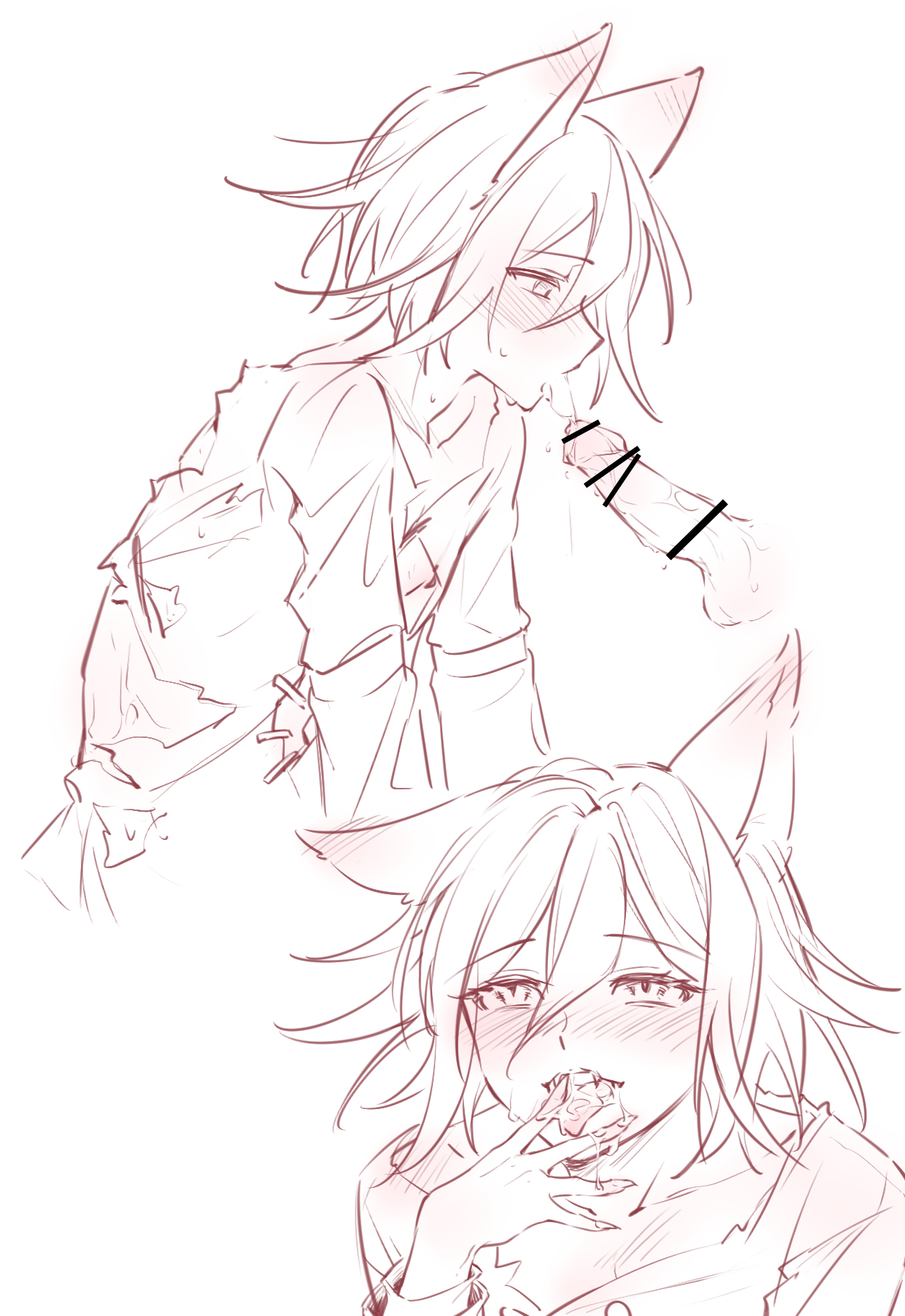 1boy, after oral, blowjob, blush, cat boy, cat ears, catboy, censor bar, censored penis, clothed, clothing, danganronpa, danganronpa v3, drooling, ewa (seraphhuiyu), fellatio, femboy, gay, line art, male, male focus, male only, monochrome, neko, oral, oral sex, ouma kokichi, penis, ripped clothing, saliva, saliva drip, saliva on penis, saliva on tongue, saliva string, saliva trail, side view, solo, solo focus, straight hair, tongue, tongue out, white background, yaoi