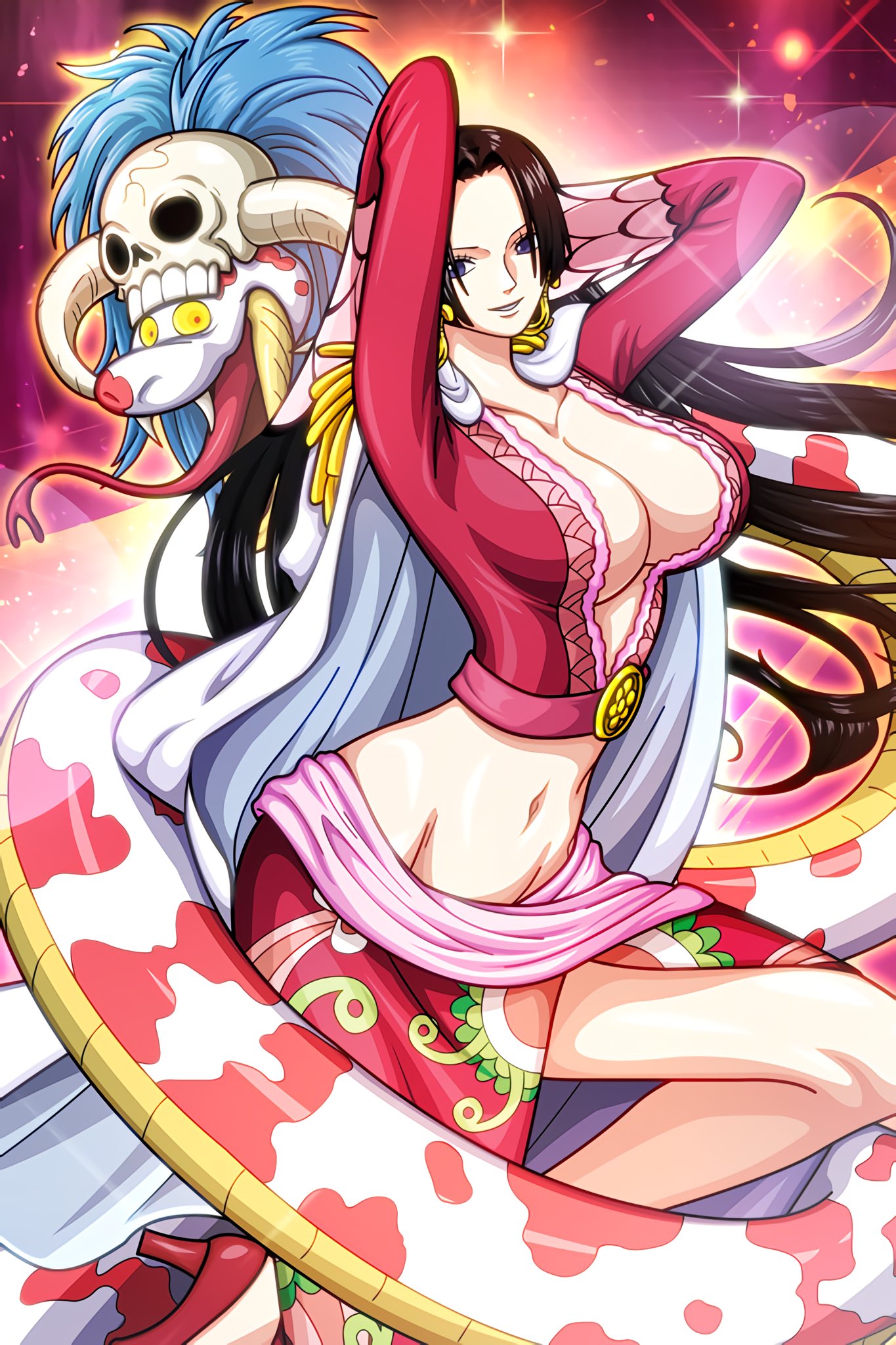 animal artist_request belly_button black_hair boa_hancock breasts breasts_out earrings female female_focus female_only hand_on_head hands-free heels high_heels one_piece salome_(one_piece) stomach tagme thick_thighs thighs tight_clothing