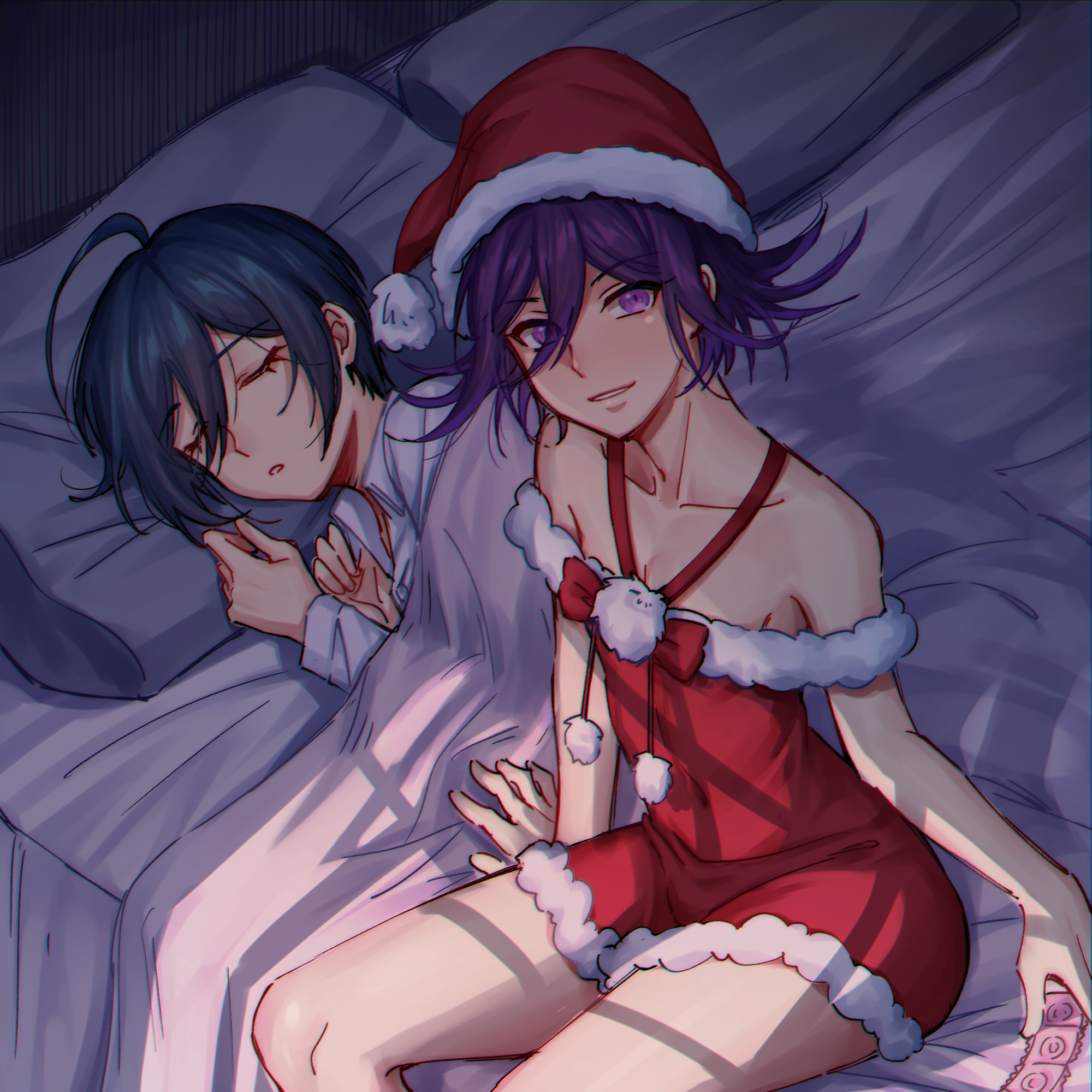2boys, bed, bedroom, christmas, christmas outfit, condom wrapper, danganronpa, danganronpa v3, ewa (seraphhuiyu), femboy, gay, light skin, looking at viewer, male, male only, male/male, on bed, ouma kokichi, purple eyes, purple hair, saihara shuuichi, santa costume, santa hat, sitting, sleeping, smile, smiling, straight hair, twink, yaoi