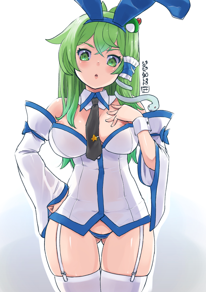 1girls ass_visible_through_thighs big_breasts breasts bunny_ears bunnysuit female female_only green_eyes green_hair kei_jiei nipple_slip nipples panties sanae_kochiya solo solo_female stockings tagme thick_thighs thighhighs thighs touhou