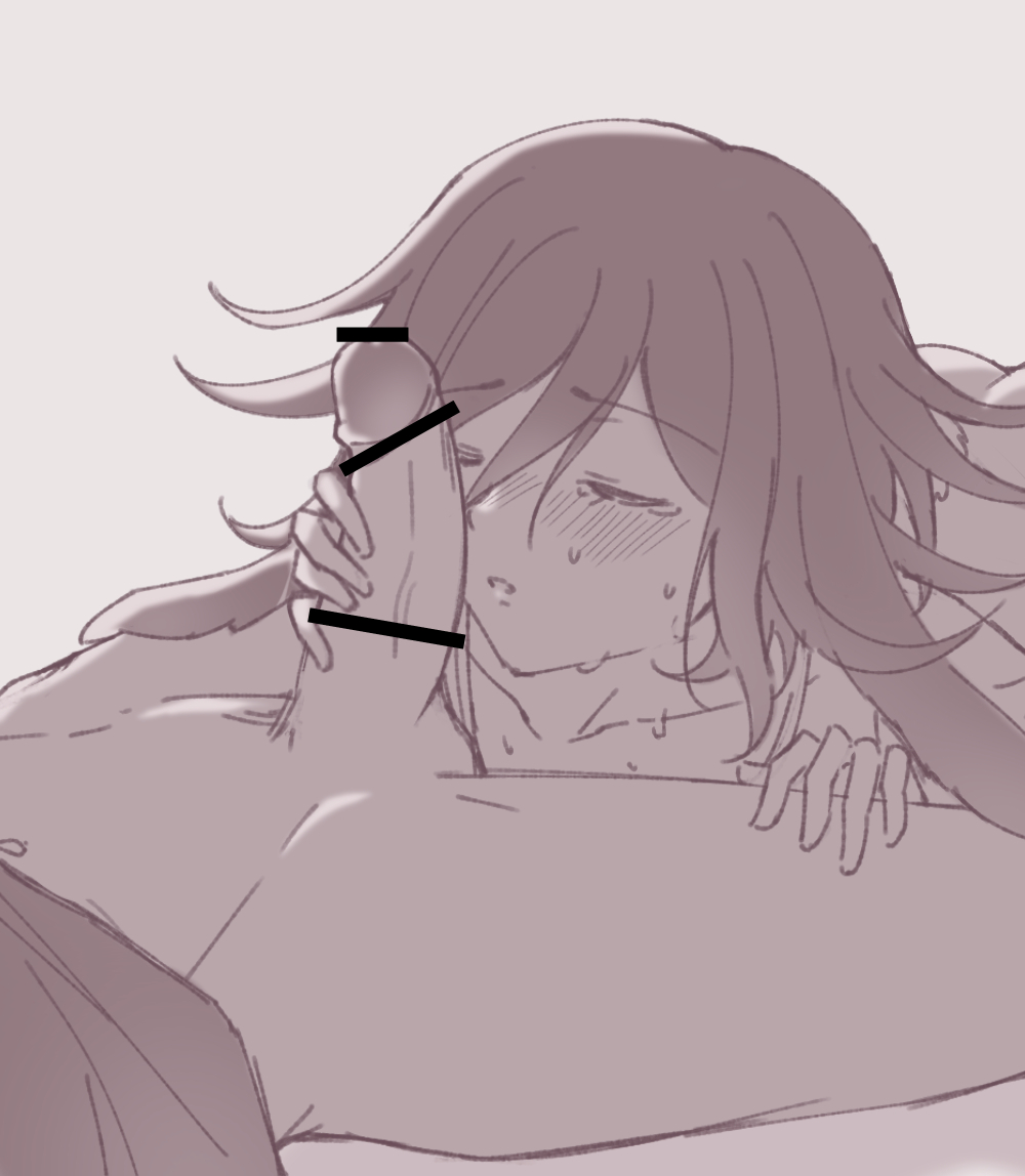 2boys, ass, ass up, blush, bottomless, censor bar, censored penis, closed eyes, danganronpa, danganronpa v3, ewa (seraphhuiyu), femboy, gay, holding penis, imminent fellatio, imminent oral, male, male focus, male only, male/male, malesub, monochrome, ouma kokichi, penis, solo focus, straight hair, twink, yaoi