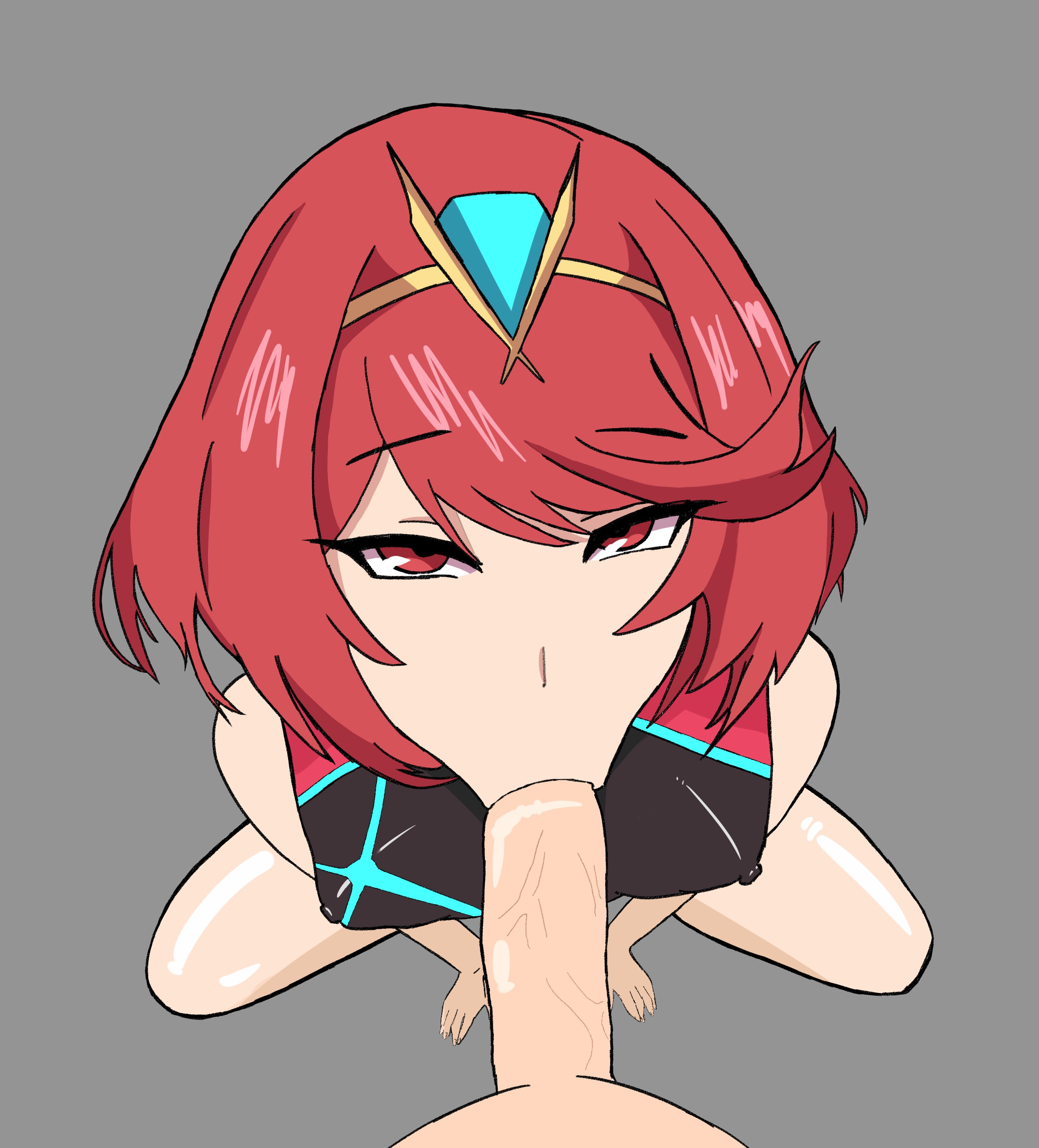 :>=, 1boy, 1girls, blowjob, blowjob face, erect nipples, fellatio, female, female focus, kneeling, light skin, light-skinned female, light-skinned male, looking at viewer, looking up, male, nintendo, nipples, nipples visible through clothing, oral, penis, plain background, pov, pyra, red eyes, red hair, saku art, solo focus, straight, veiny penis, xenoblade (series), xenoblade chronicles 2