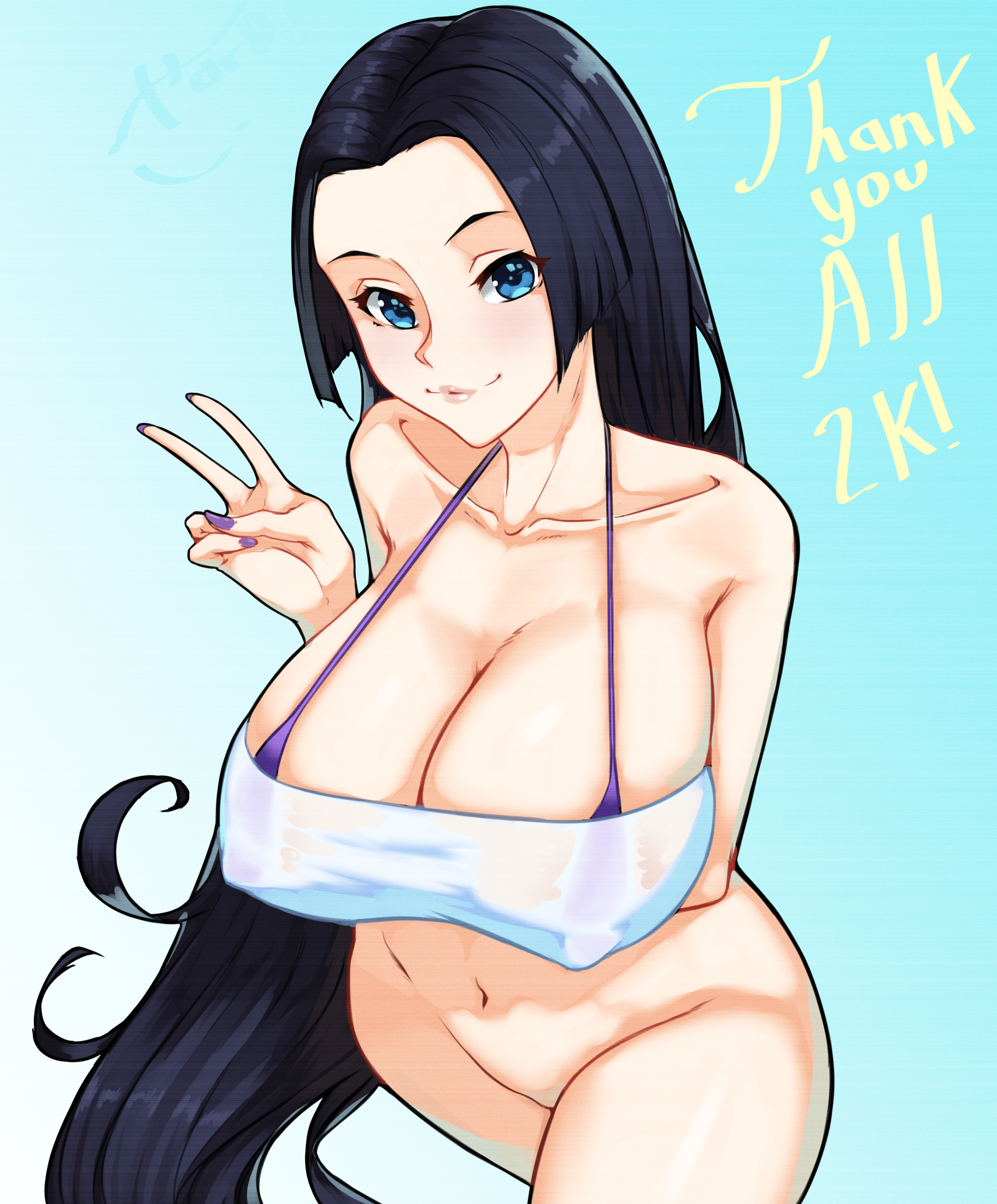 1girls, 47 hard, areolae, big breasts, bikini, bikini top, black hair, blue eyes, blush, boa hancock, bottomless, breasts, busty, cleavage, crop top, erect nipples, erect nipples under clothes, female, female only, hourglass figure, large areolae, large breasts, light skin, light-skinned female, lipstick, long hair, looking at viewer, micro bikini, nail polish, nipple bulge, nipples, nipples visible through clothing, no panties, one piece, painted nails, pale skin, pale-skinned female, peace sign, pink lips, pink lipstick, pink nipples, pinup, pose, posing, purple bikini, purple nail polish, purple nails, shounen jump, sideboob, solo, standing, tubetop, v, voluptuous, wide hips