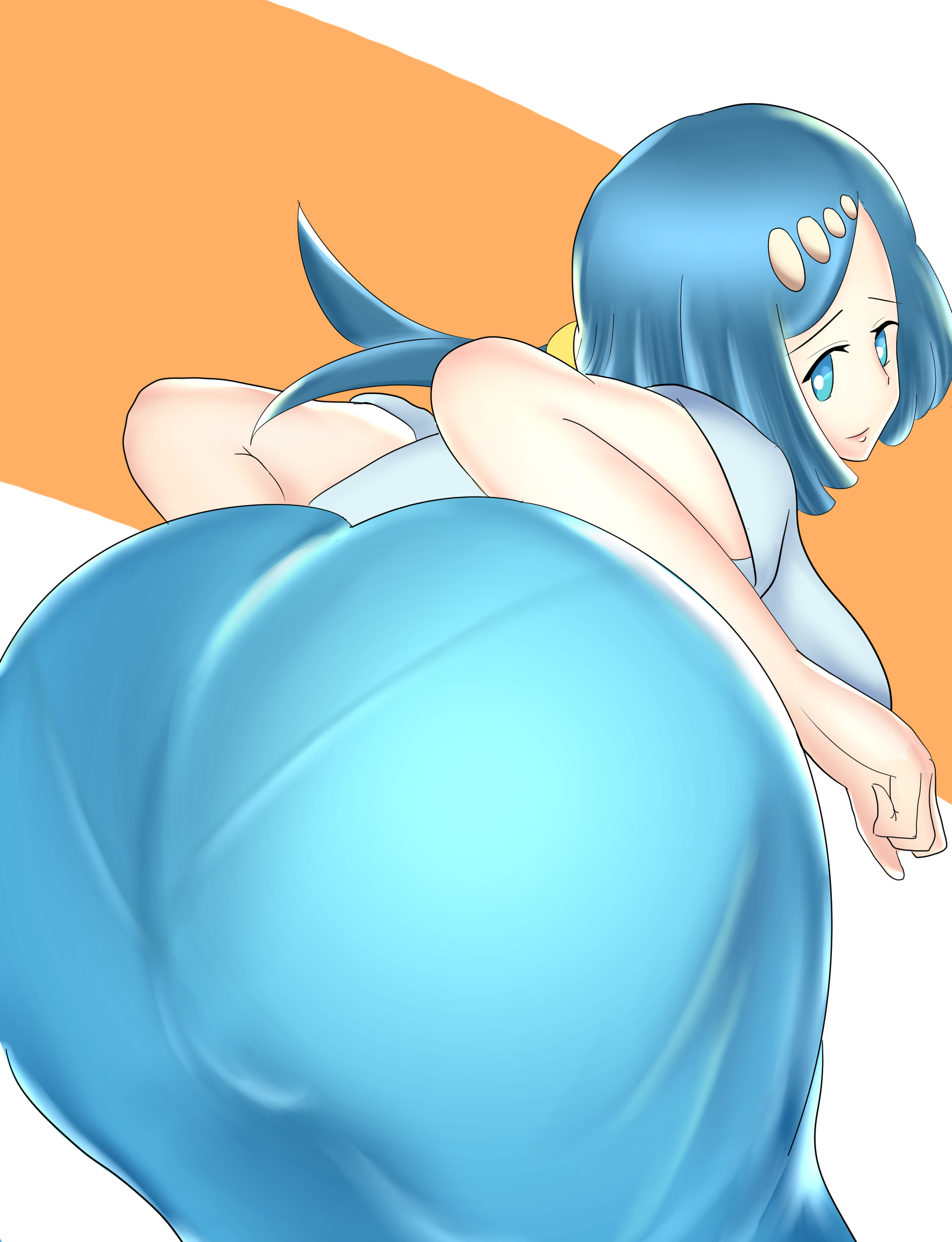 1girls, absurdres, artist request, ass, bare shoulders, big ass, blue eyes, blue hair, breasts, creatures (company), fat ass, female, female only, from behind, game freak, highres, huge ass, human, lana's mother (pokemon), leaning, leaning forward, long hair, looking at viewer, looking back, low ponytail, milf, mob face, nintendo, open mouth, pants, pantylines, pokemon, pokemon (game), pokemon sm, shiny, shiny clothes, shiny hair, shiny skin, sideboob, smile, solo