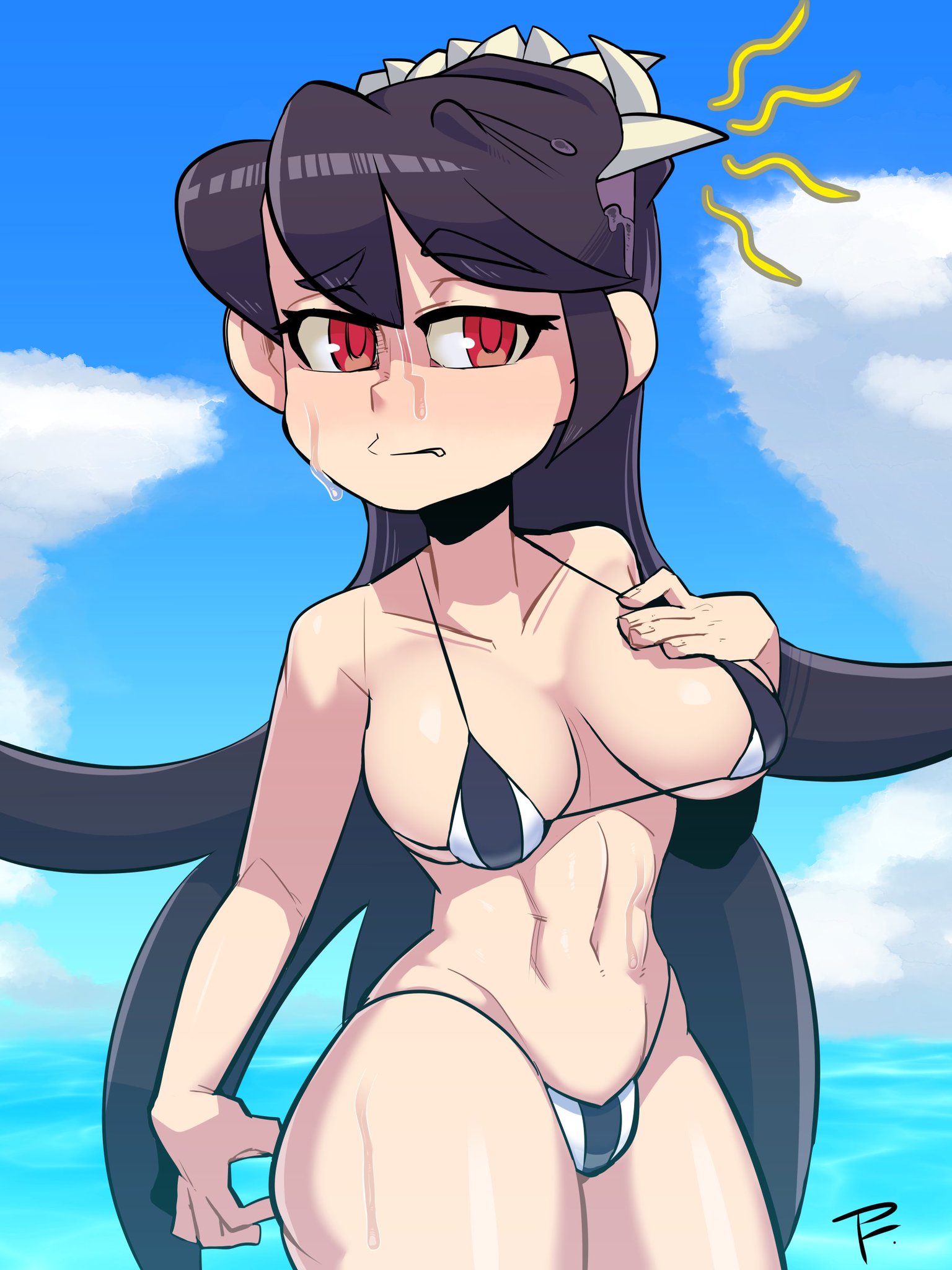1girls, beach, bikini, bikini bottom, bikini top, female, filia (skullgirls), painting fish, samson (skullgirls), skullgirls, solo, sweat, thick thighs, toned, toned female