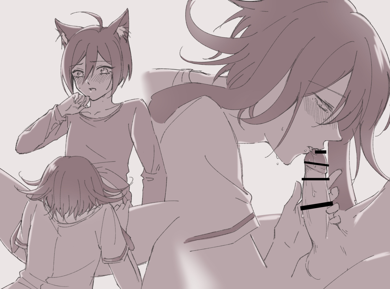 2boys, ahoge, blowjob, blush, cat boy, cat ears, catboy, censor bar, censored penis, clothed, clothed sex, clothing, danganronpa, danganronpa v3, ewa (seraphhuiyu), fellatio, femboy, gay, girly, holding penis, imminent fellatio, imminent oral, implied oral, male, male only, male/male, monochrome, neko, oral, oral sex, ouma kokichi, penis, saihara shuuichi, spread legs, straight hair, yaoi