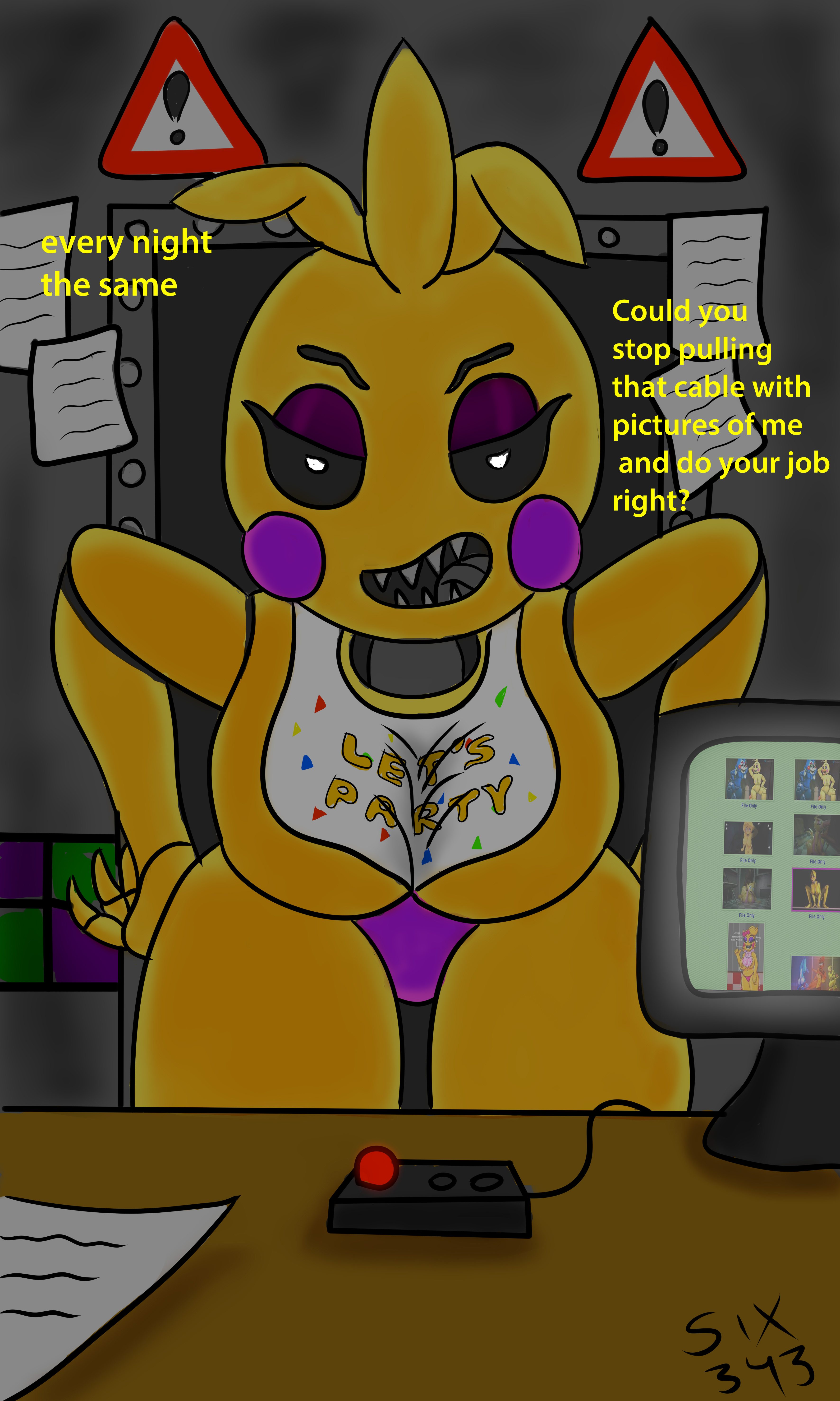 1girls, female, five nights at freddy's, furry, six343, solo, text, toy chica (fnaf), video games