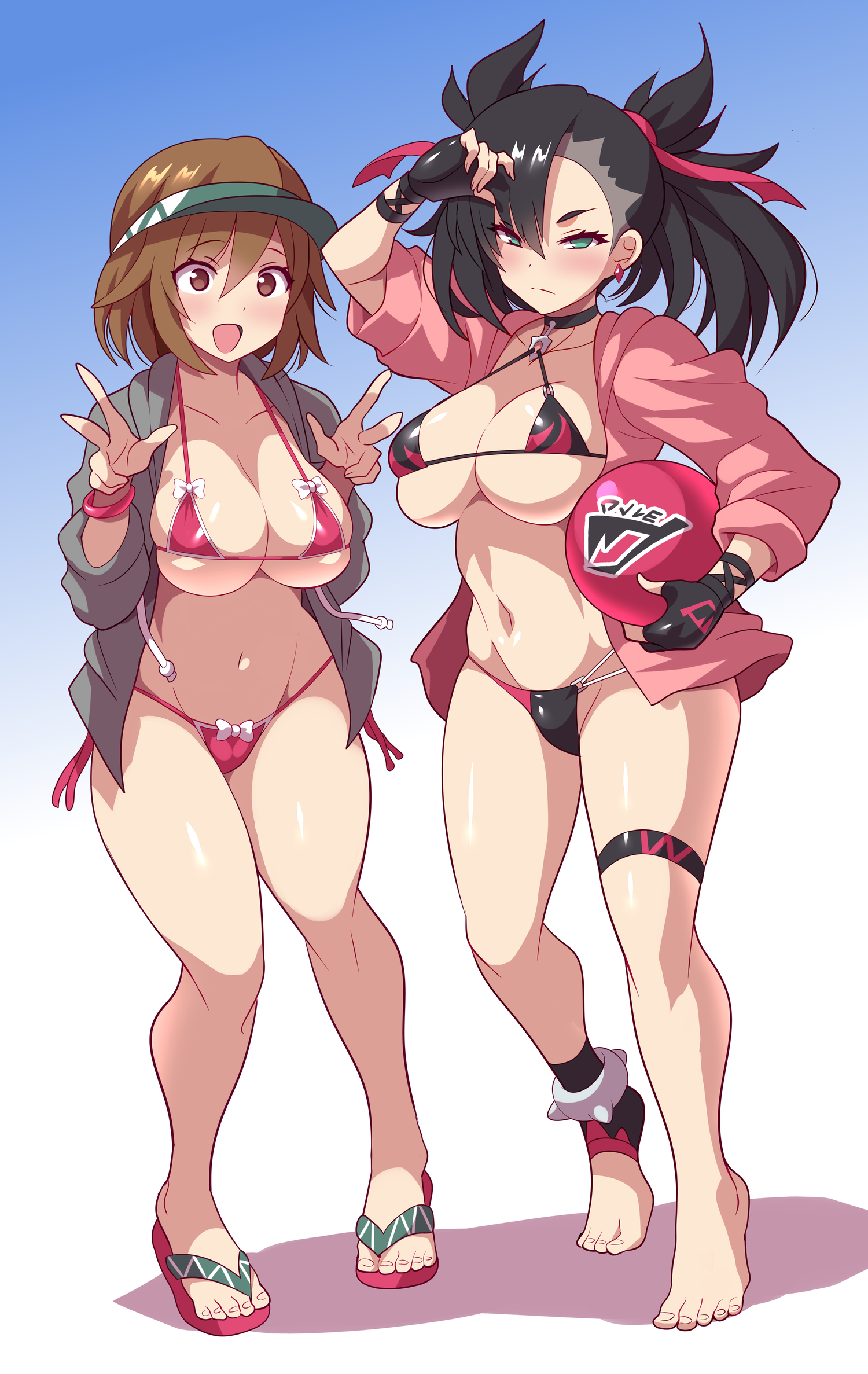 2021, 2girls, alternate breast size, anime style, ankle bracelets, ball (object), barefoot, belly button, bikini, black bikini, black hair, bracelet, breasts, brown eyes, brown hair, cleavage, curvaceous, double v, earrings, feet, female, female focus, female only, fingerless gloves, footwear, gloria (pokemon), gloves, green eyes, grey jacket, handwear, hi res, holding object, horny, huge breasts, human, human only, jacket, konno tohiro, marnie (pokemon), medium hair, micro bikini, nintendo, open jacket, peace sign, pink bikini, pink jacket, pokemon, pokemon ss, ribbon, ribbon in hair, sandals, short hair, simple background, skindentation, smile, smiling, thick thighs, thigh strap, twintails, underboob, visor, visor cap