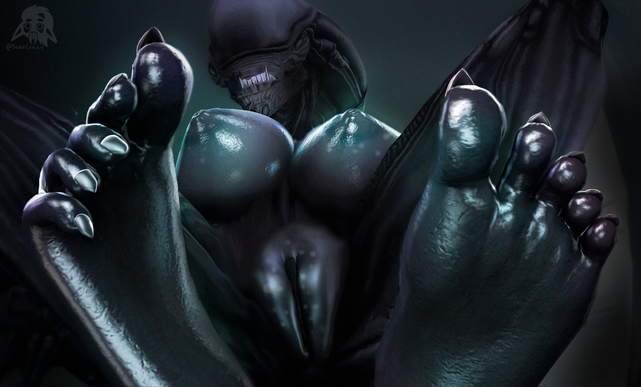 1girls, 3d, alien, alien (franchise), alien girl, areolae, big breasts, black body, breasts, cleavage, feet, female, female focus, female only, female xenomorph, fetish, foot fetish, foot focus, genitals, large breasts, legs, looking at viewer, monster, monster girl, nipples, no eyes, no humans, presenting, pussy, scarlena4, sfm, sharp teeth, sharp toenails, solo, solo female, source filmmaker, teeth, thighs, toenails, toes, vagina, watermark, xenomorph