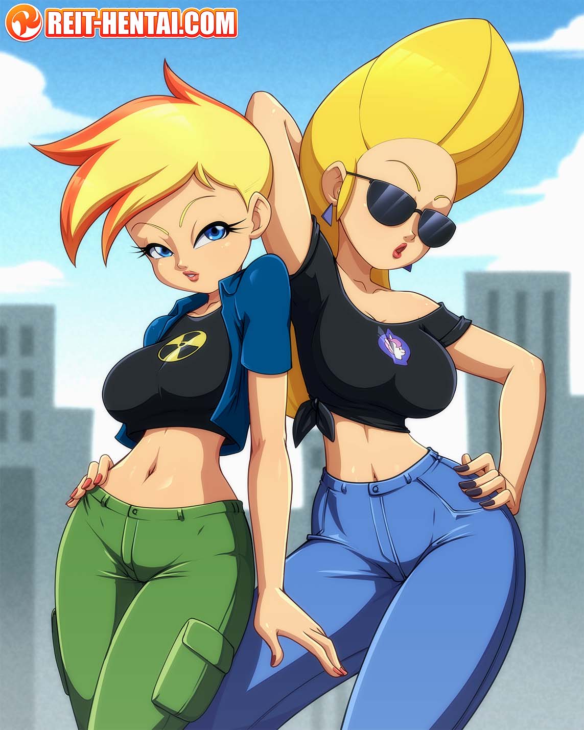 2girls 5_fingers belly belly_button big_breasts black_nail_polish black_nails blonde_hair blue_eyes breasts canon_genderswap cartoon_network crossover eyelashes female female_focus female_only fully_clothed genderswap_(mtf) hourglass_figure jenny_bravo jenny_test johnny_bravo johnny_bravo_(series) johnny_test johnny_test_(series) long_eyelashes long_hair looking_at_viewer medium_breasts mtf_crossgender multiple_girls radiation_symbol red_highlights red_nail_polish red_nails reit rule_63 seductive seductive_eyes seductive_look seductive_pose short_hair shoulders stomach sunglasses tinted_eyewear wide_hips