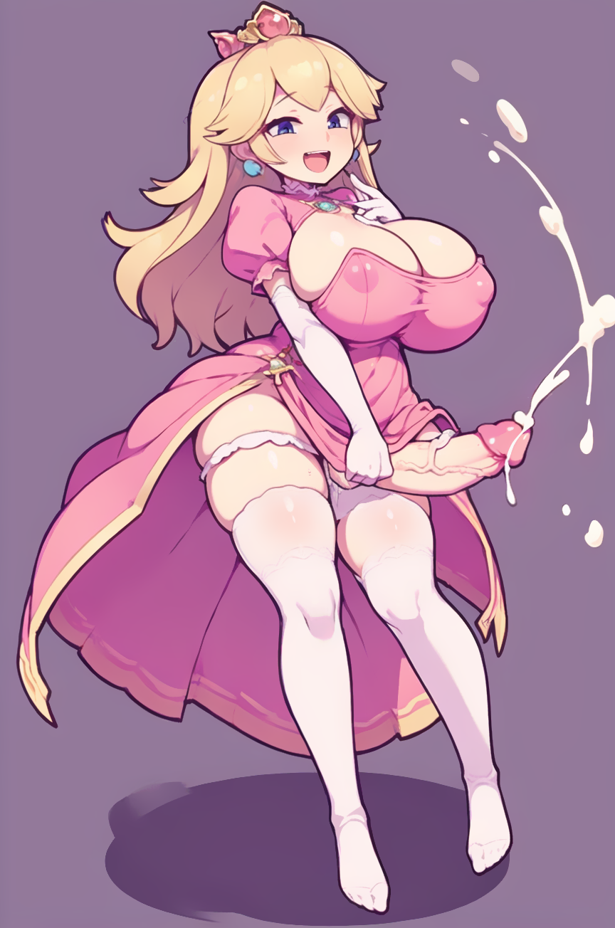 ai_generated blonde_hair crown cumshot futa_only futanari huge_breasts huge_cock laughing mario_(series) massive_breasts masturbation nintendo nipples_visible_through_clothing open_mouth pink_dress princess princess_peach smile solo solo_futa virtuai white_thighhighs