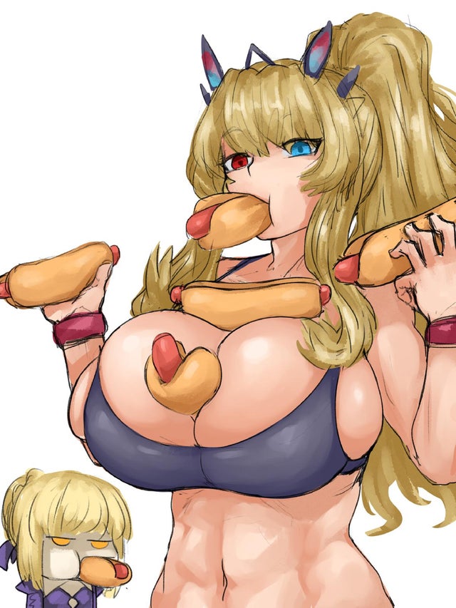 2girls, artoria pendragon (alter), barghest (gawain) (fate), big breasts, breasts, fate (series), female, food, heterochromia, hotdog, multiple females, multiple girls, steamingtofu
