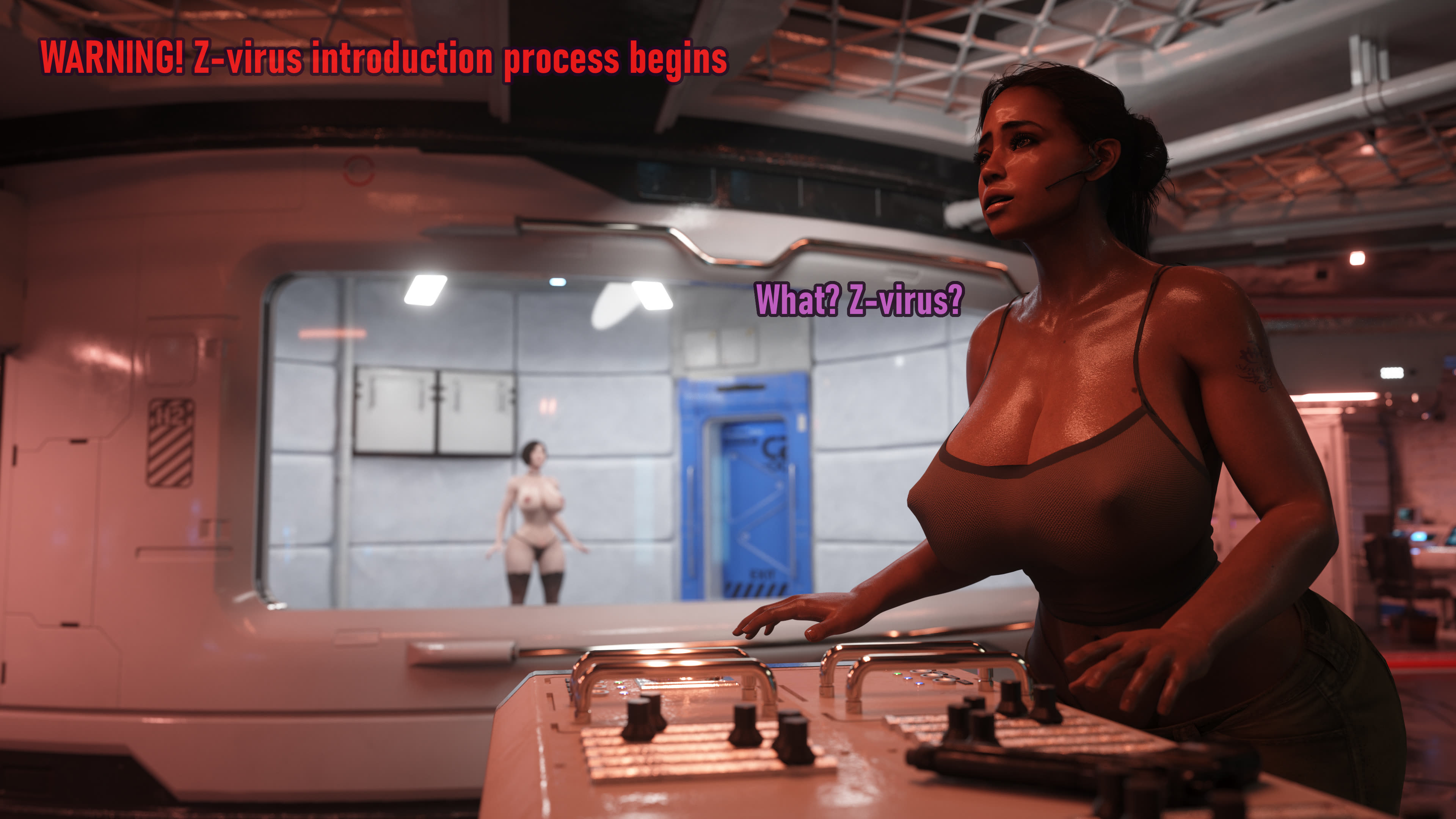 2girls, 3d, 4k, absurdres, ada wong, ada wong (adriana), areolae, blender, breasts, comic, female, female only, highres, huge breasts, icedev, nipples, resident evil, resident evil 2, resident evil 5, sheva alomar, text