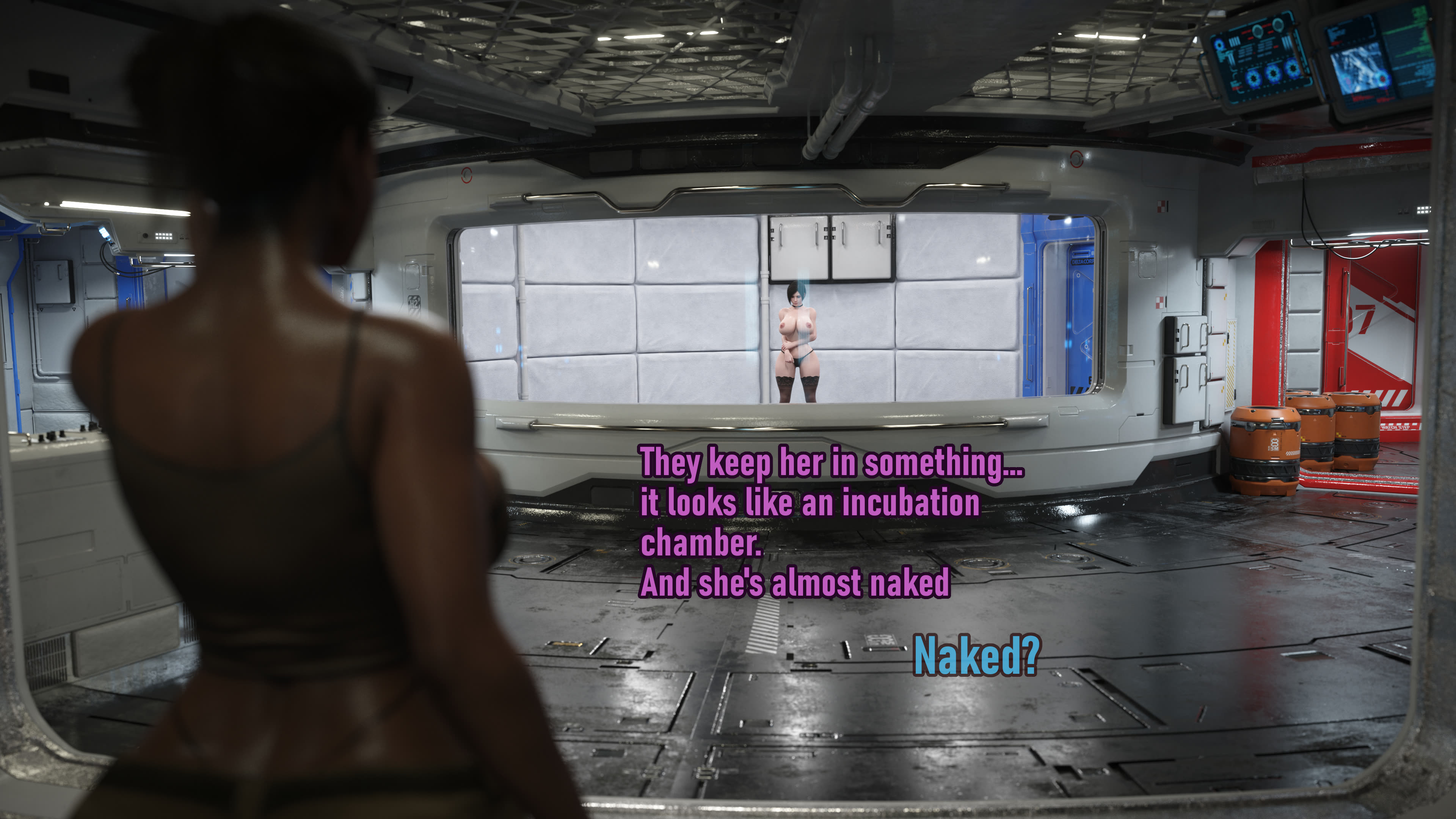 2girls, 3d, 4k, absurdres, ada wong, ada wong (adriana), areolae, blender, breasts, comic, female, female only, highres, huge breasts, icedev, nipples, resident evil, resident evil 2, resident evil 5, sheva alomar, text