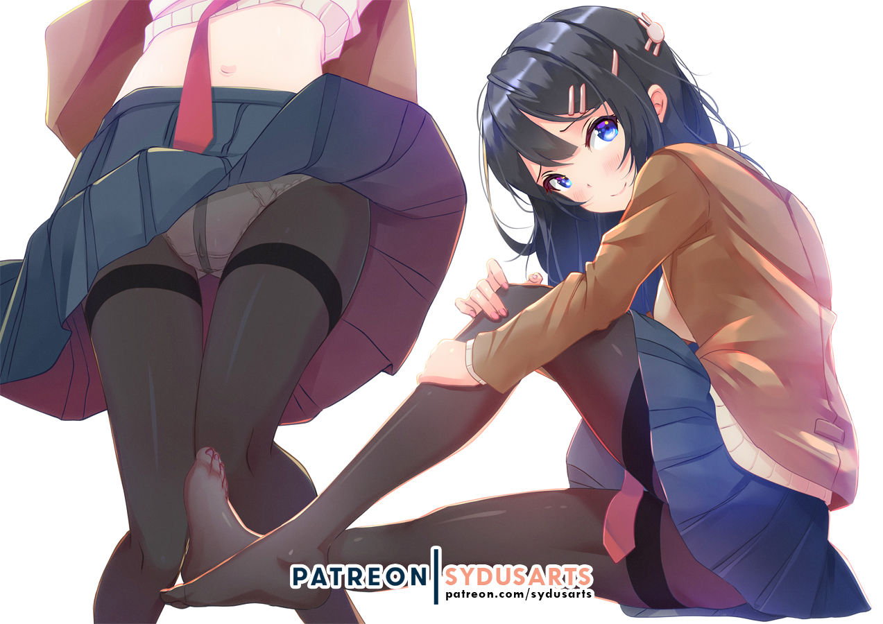 1girls, blush, cameltoe, female, female only, legs up, looking at viewer, necktie, no shoes, pantyhose, pussy, sakurajima mai, school uniform, see-through, seishun buta yarou wa bunny girl senpai no yume wo minai, sitting, skirt, skirt lift, smile, solo, sydus, thigh gap, thighband pantyhose, uniform