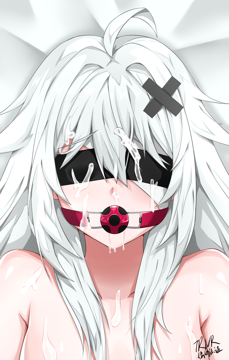 1girls blindfold cum cum_on_body cum_on_breasts cum_on_face cum_on_hair female gag hair_ornament long_hair no.21 nude pale_skin petite punishing:_gray_raven robot_girl small_breasts solo trnr white_hair