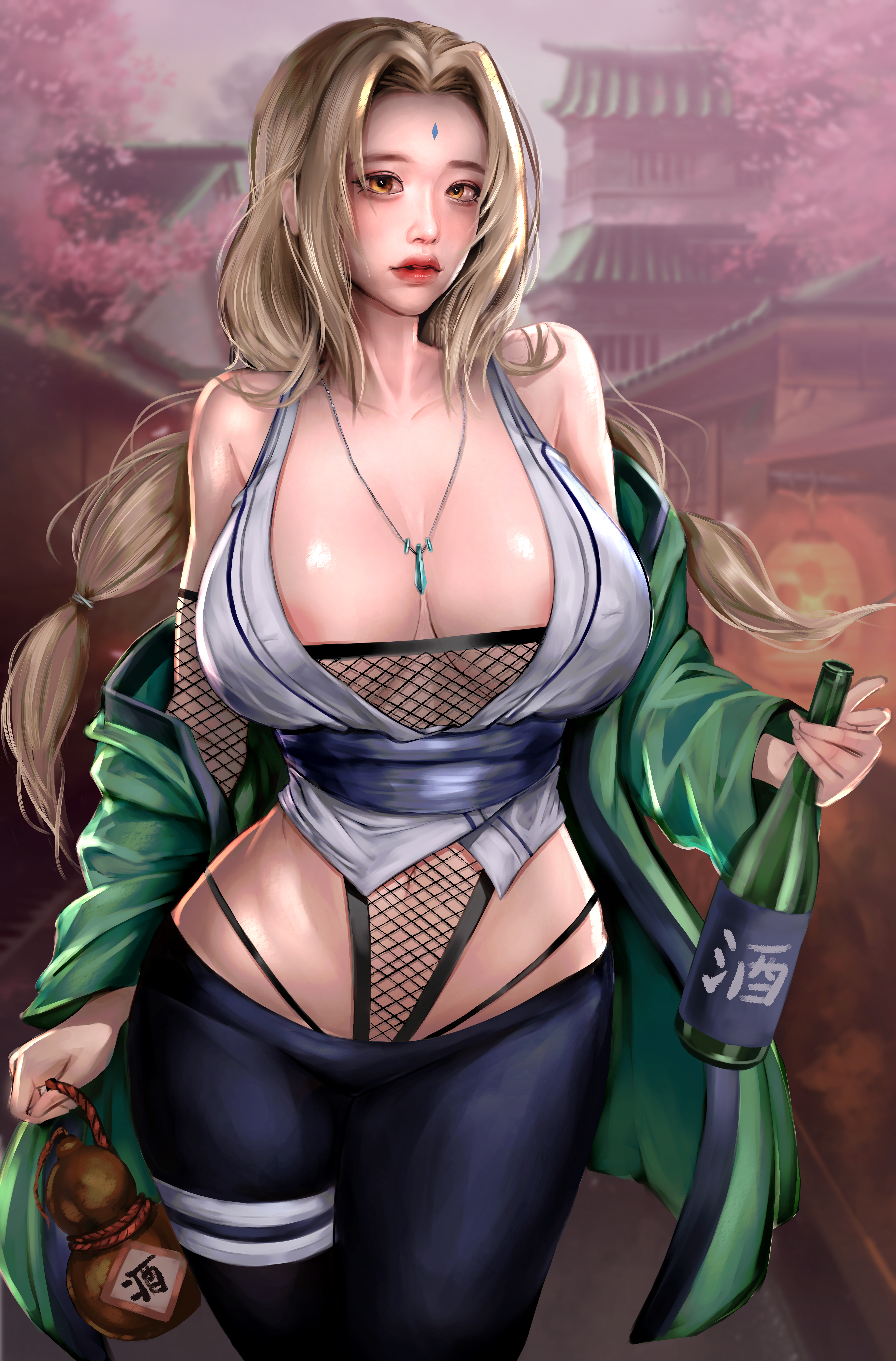 1girls, alternate version available, areolae, bare shoulders, big breasts, black panties, black thong, blonde hair, blush, breasts, brown eyes, cleavage, clothed, clothed female, clothing, crop top, detailed background, dress, female, female only, fishnet armwear, fishnet bodysuit, fishnets, forehead jewel, forehead mark, fully clothed, g-string, haori, highres, human, large areolae, large breasts, light skin, light-skinned female, lipstick, lucy (artist), mature, mature female, milf, naruto, naruto (classic), naruto (series), naruto shippuden, necklace, pink lips, pink lipstick, pink nipples, pinup, realistic, short dress, shounen jump, solo, standing, thong, tight clothing, tight pants, tsunade, voluptuous, wine bottle, yellow hair