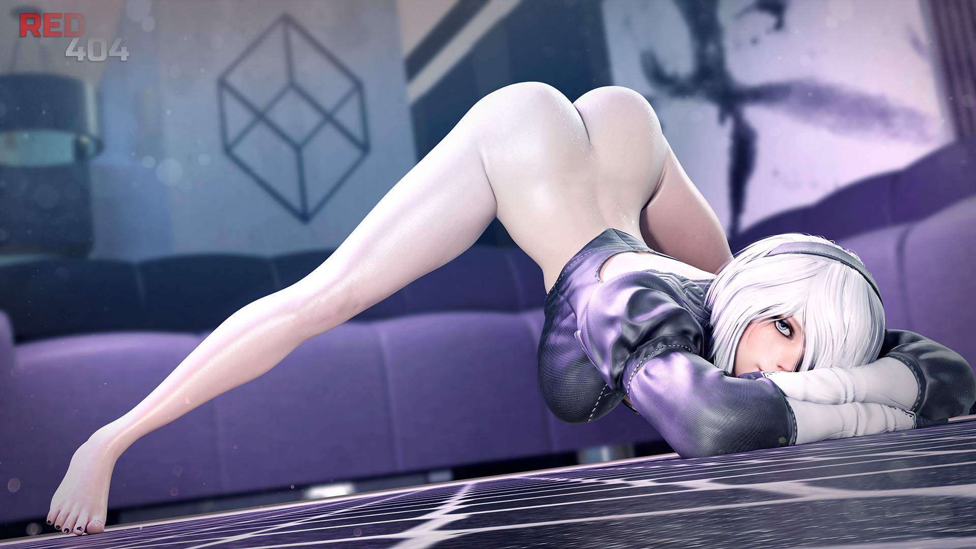 1girls, 3d, alternate version available, ass, ass up, barefoot, blue eyes, bob cut, bottomless, bubble ass, bubble butt, edit, eyeshadow, face down ass up, feet, female, female only, hair over one eye, hairband, jack-o pose, jackochallenge, looking at viewer, nier (series), nier: automata, no panties, red404, short hair, solo, splits, spread legs, tagme, thigh boots, thighhighs, wet skin, white hair, wide hips, yorha 2b