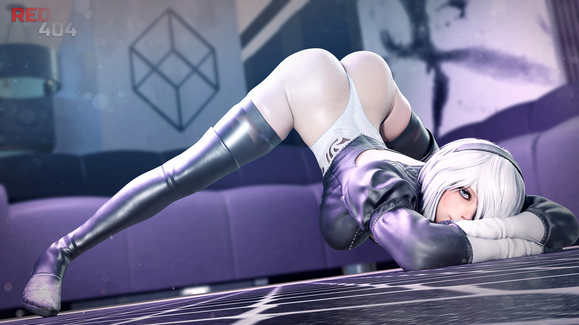 1girls, 3d, alternate version available, ass, ass up, blue eyes, bob cut, bottomless, clothed, eyeshadow, face down ass up, female, female only, hair over one eye, hairband, jack-o pose, jackochallenge, leotard, looking at viewer, nier: automata, red404, short hair, solo, spread legs, thigh boots, thighhighs, thong leotard, wet skin, white hair, yorha 2b