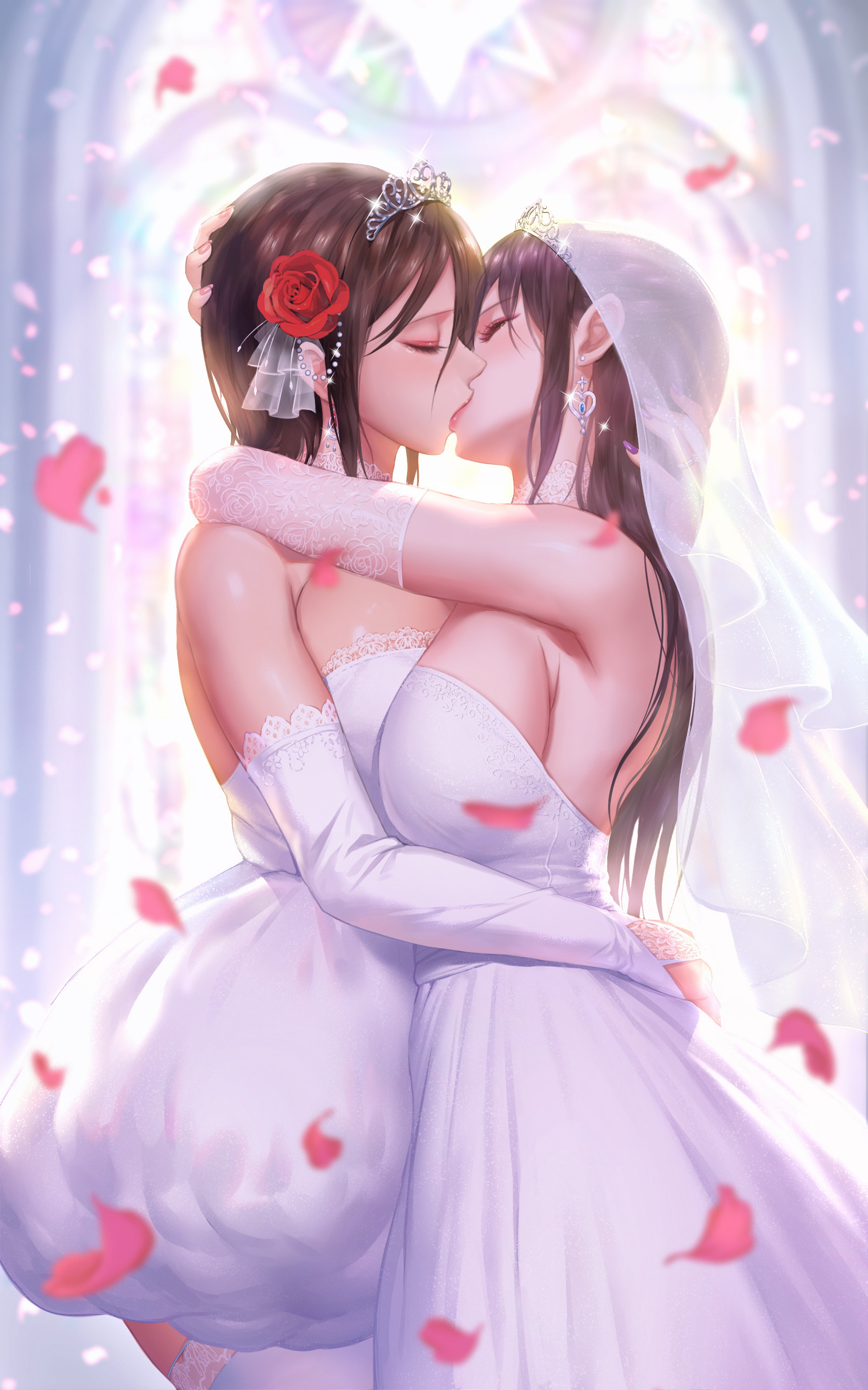 2girls, arms around waist, big breasts, breast press, breasts, bridal tiara, bridal veil, bride, bride and bride, choker, cleavage, couple, earrings, elbow gloves, eyelashes, eyeliner, eyeshadow, female, female only, hi res, hug, kissing, large breasts, lesbian wedding, lingerie, lipstick, long hair, makeup, multiple females, multiple girls, stockings, tears, wedding, wedding dress, wedding tiara, wedding veil, wife and wife, yuri, yuri wedding, yuritamashi