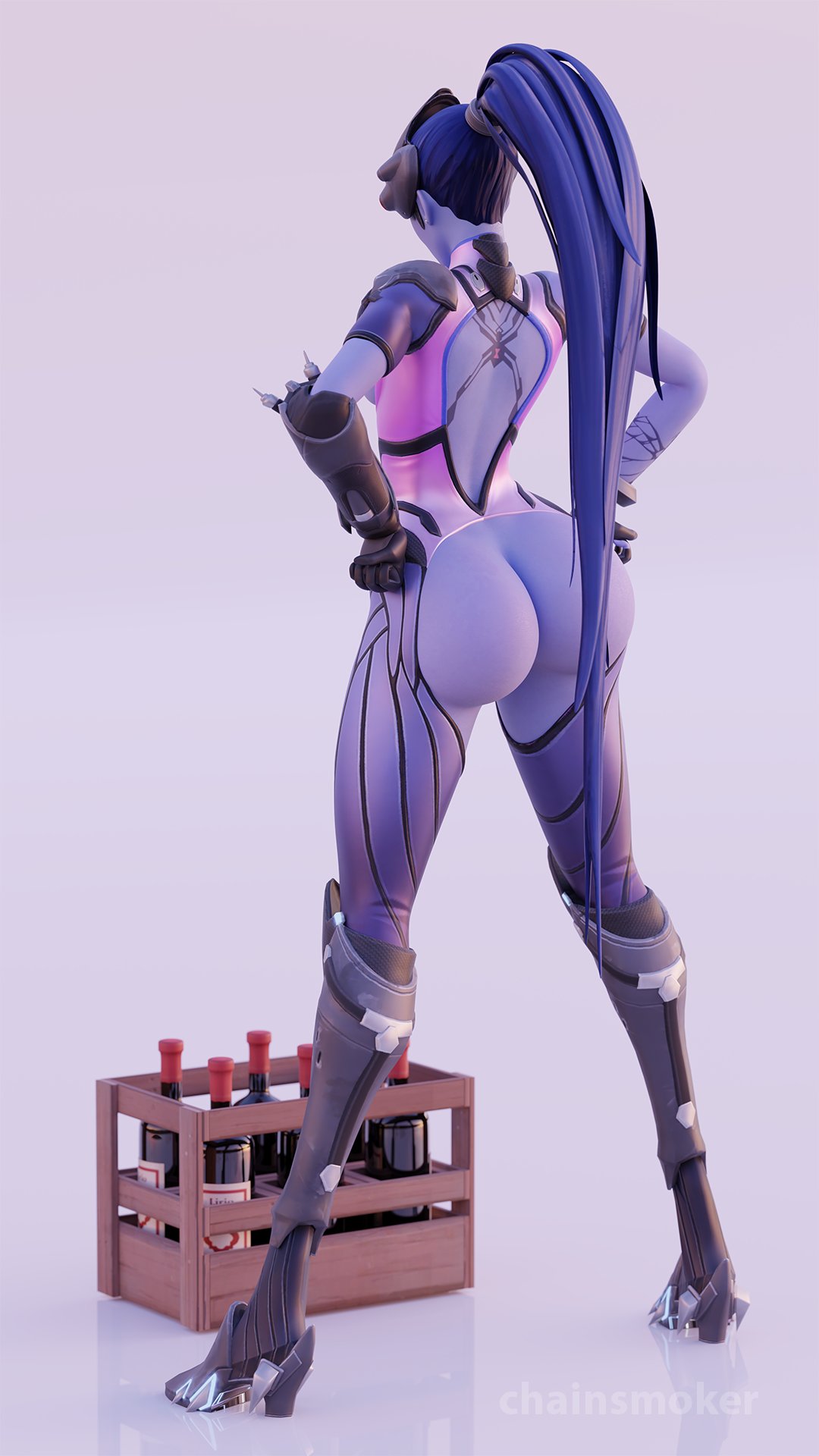 1girls, 3d, alcohol, amelie lacroix, ass, back view, bare ass, barely clothed, big ass, blizzard entertainment, bubble ass, bubble butt, chainsmoker, challenge, facing away, fat ass, female, female focus, female only, hands on hips, huge ass, long hair, long legs, open legs, overwatch, overwatch 2, purple skin, round ass, solo, solo female, standing, thick thighs, viewed from behind, widowmaker, wine