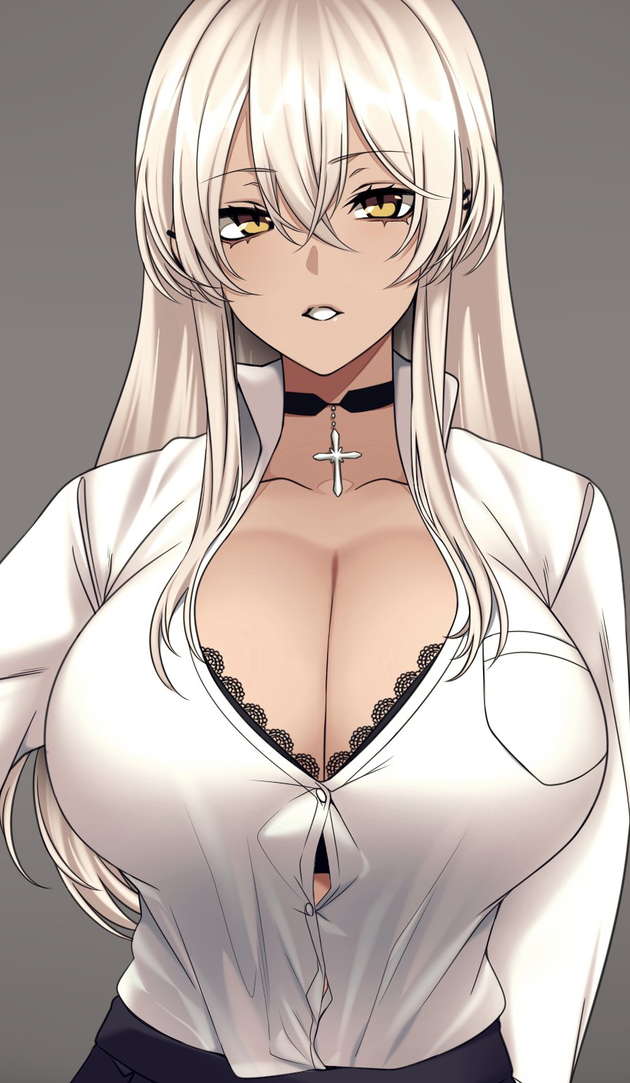 1girls big_breasts black_bra black_choker black_skirt blonde_hair blouse bra bra_peek bra_through_clothes breasts brown_eyes bursting_breasts camui_kamui_(hz_666v) choker cleavage collarbone cross cross_choker cross_necklace eyebrows eyebrows_visible_through_hair eyelashes eyeliner facing_viewer female female_focus female_only ganguro gyaru highres huge_breasts jewelry kogal lingerie long_hair looking_at_viewer makeup necklace original parted_lips shirt sidelocks skirt solo straining_buttons tan tan-skinned_female tan_skin tight_shirt top_heavy upper_body white_shirt