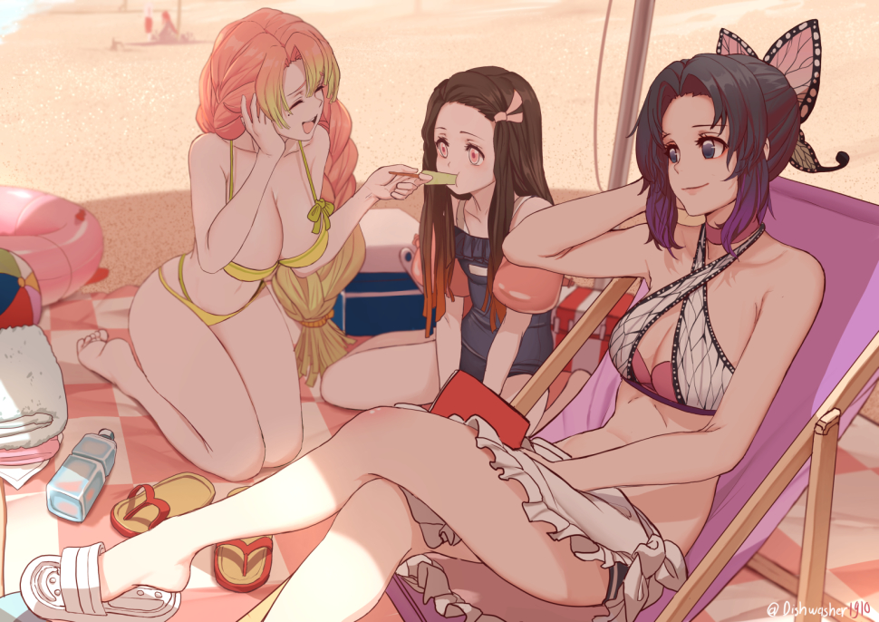 3girls :d ^_^ ball bangs bare_arms bare_legs bare_shoulders barefoot beach beachball bikini black_eyes black_hair black_swimsuit bottle braid breasts brown_footwear brown_hair butterfly_hair_ornament cleavage closed_eyes closed_mouth cooler day demon_slayer dishwasher1910 feeding feet female female_only food forehead frills gradient_hair green_bikini green_hair group hair_ornament hair_ribbon hand_on_own_face holding holding_food holding_object inflatable_armbands innertube kamado_nezuko kanroji_mitsuri kimetsu_no_yaiba kochou_shinobu large_breasts legs medium_breasts mole mole_under_eye multicolored_hair multiple_girls old_school_swimsuit one-piece_swimsuit open-mouth_smile open_mouth orange_hair outdoors parted_bangs pink_eyes pink_hair pink_ribbon polka_dot_bikini purple_hair ribbon sand sandals sandals_removed shade smile sukumizu swimsuit tagme tank_suit tied_hair towel trio twitter_username two-tone_hair water_bottle white_bikini white_swimsuit