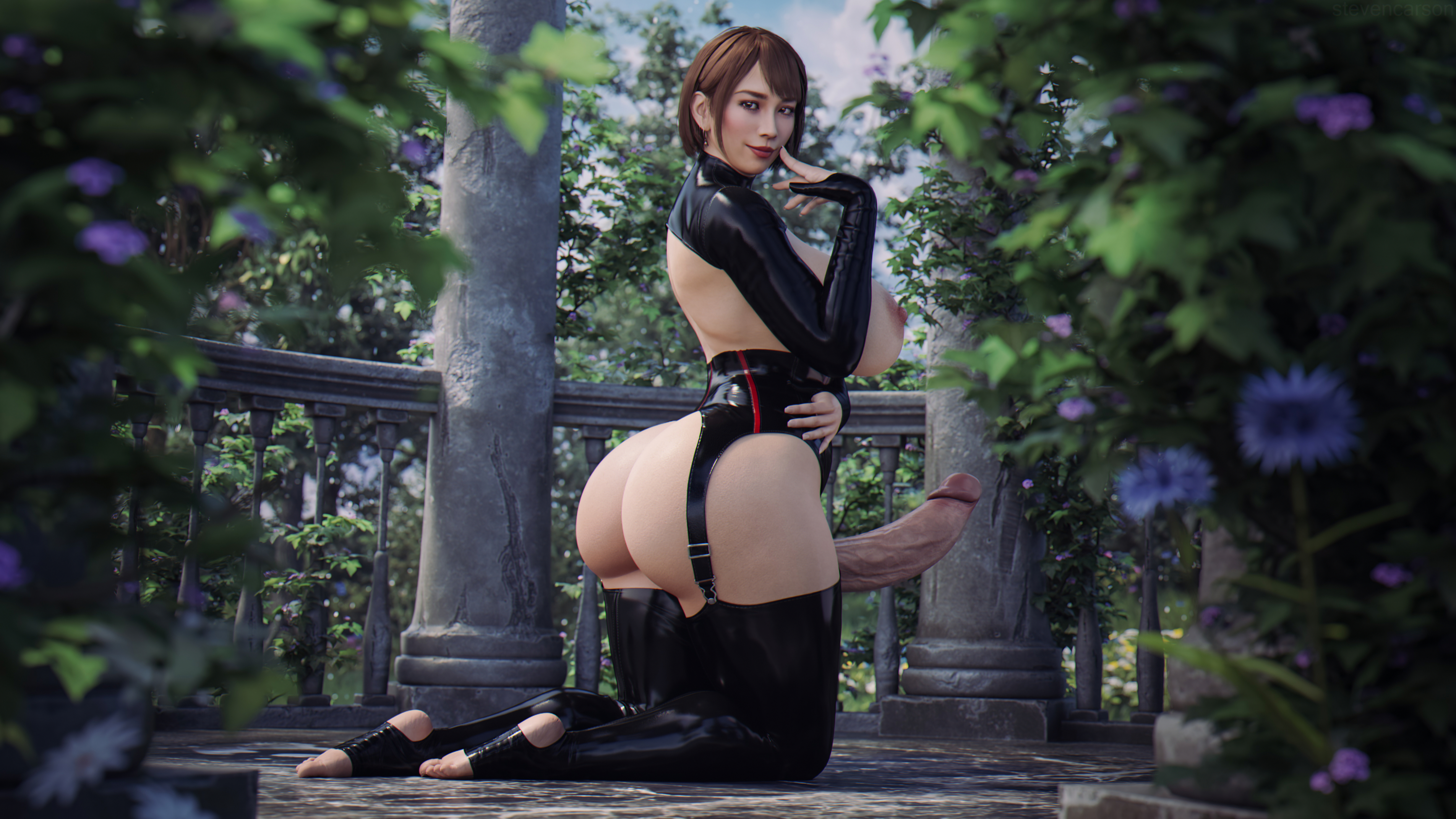 16:9 aspect ratio, 1futa, 3d, areolae, ass, back, bangs, barefoot, bent knees, big breasts, big penis, breasts, brown eyes, brown hair, clothing, day, detached sleeves, earrings, erection, eyelashes, feet, finger to mouth, futa only, futanari, intersex, jewelry, kneeling, looking at viewer, looking back, mostly nude, nipples, nude, nude futa, outdoors, penis, ryuu ga gotoku, saeko mukouda, short hair, soles, solo, stevencarson, stirrup legwear, thick thighs, thighs, toeless legwear, toes, veins, veiny penis, very high resolution, viewed from behind