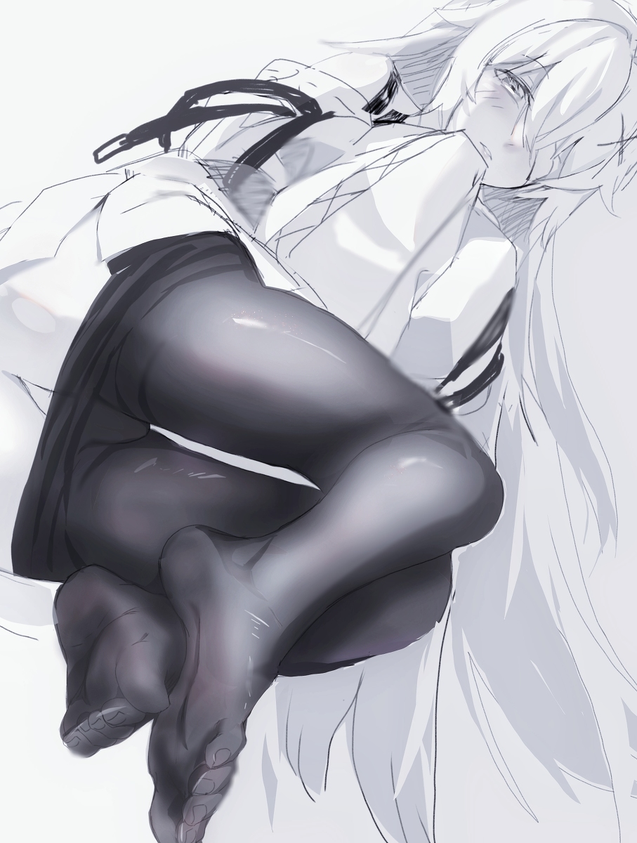 1girls artist_request feet female foot_fetish gray_eyes hair_ornament long_hair no.21 pale_skin pantyhose petite punishing:_gray_raven robot_girl small_breasts soles solo toes white_hair