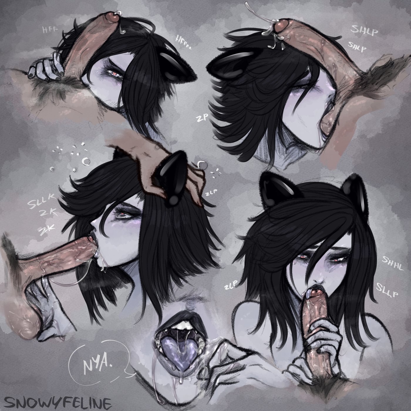 1boy, 1girls, athletic, athletic female, balls, balls sucking, cat girl, catgirl, erection, fellatio, female, foreskin, human, human penetrating, looking at viewer, male, open mouth, oral, penis, pubic hair, snowyfeline, testicles, tongue, tongue out, uncircumcised