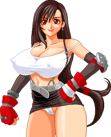 1990s_(style) 1girls areolae belt black_hair breasts cameltoe cleavage clenched_hand covered_erect_nipples earrings erect_nipples erect_nipples_under_clothes female final_fantasy final_fantasy_vii gloves hand_on_hip hip_focus huge_areolae huge_breasts huge_nipples jewelry lipstick long_hair looking_at_viewer lowres makeup materia microskirt miniskirt nipple_bulge no_bra panties pantyshot pantyshot_(standing) pixel_art ponytail red_eyes red_lipstick skirt smile solo standing straight_hair suspenders thighs thong tifa_lockhart transparent_background underwear warnerc white_panties