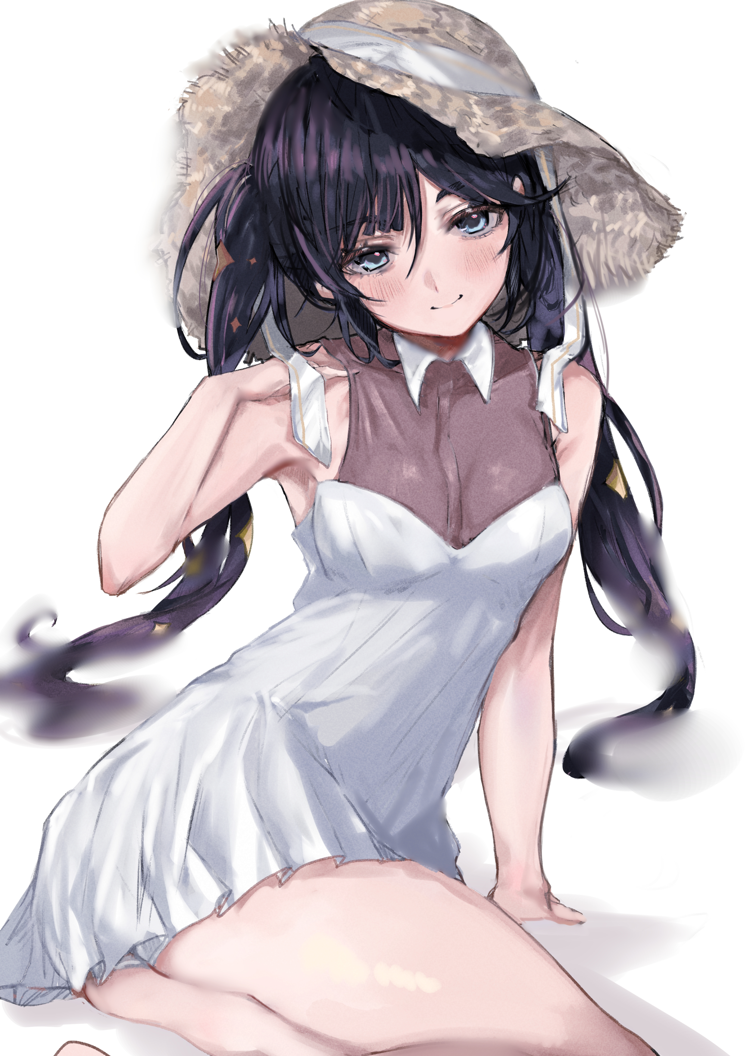arms up, ass, ass up, bare shoulders, blush, dress, female, genshin impact, hand on ground, hat, long hair, looking at viewer, maria (syake-uni), mona (genshin impact), pantsu, presenting, sitting, tagme, twintails