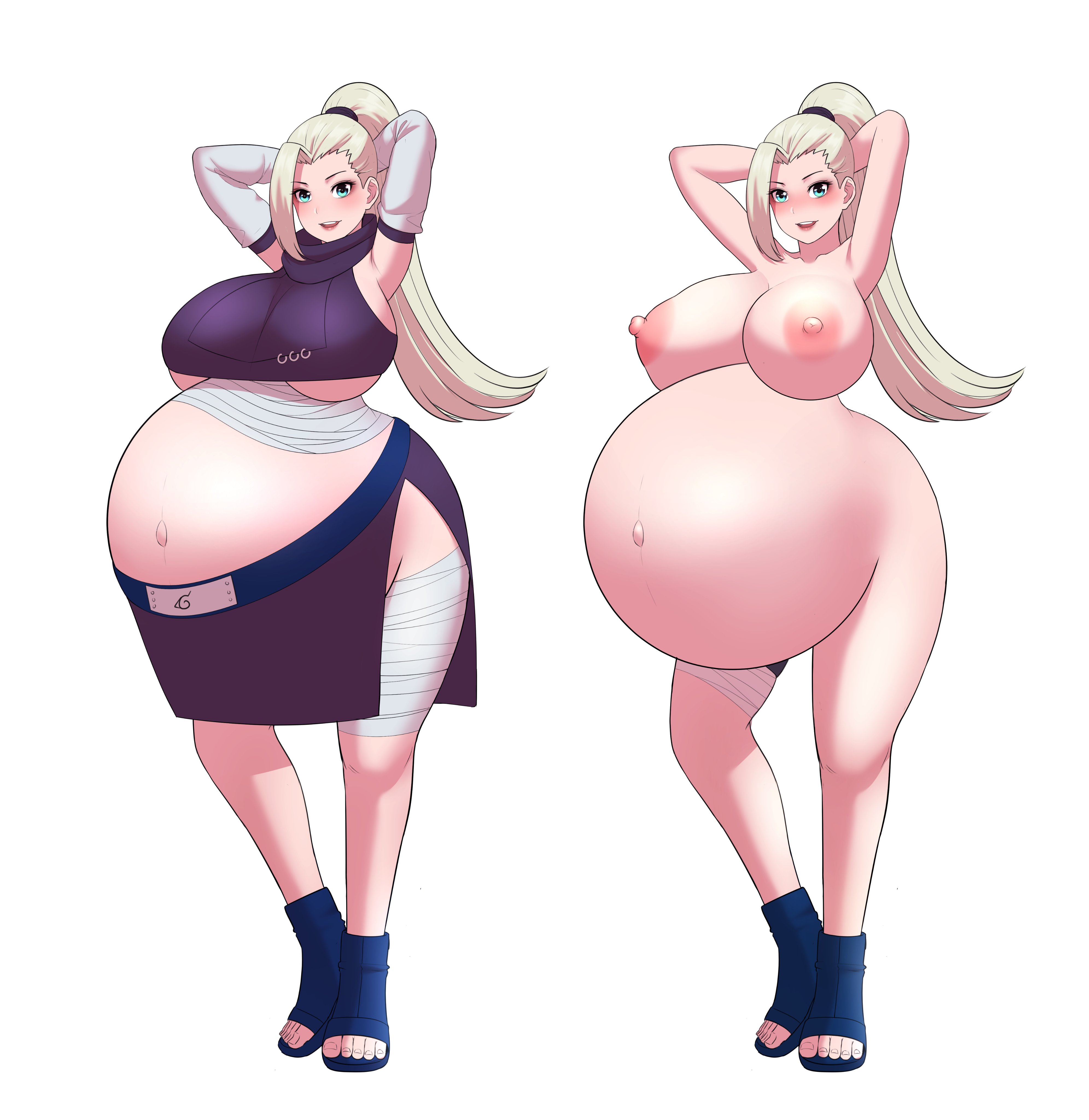 1girls, areolae, big breasts, breasts, clothed, clothing, female, female only, huge belly, hyper, hyper belly, hyper pregnancy, ino yamanaka, junybritania, large breasts, naruto, naruto (series), nipples, nude, nude female, nudity, ponytail, pregnant, ready to pop, voluptuous, white background