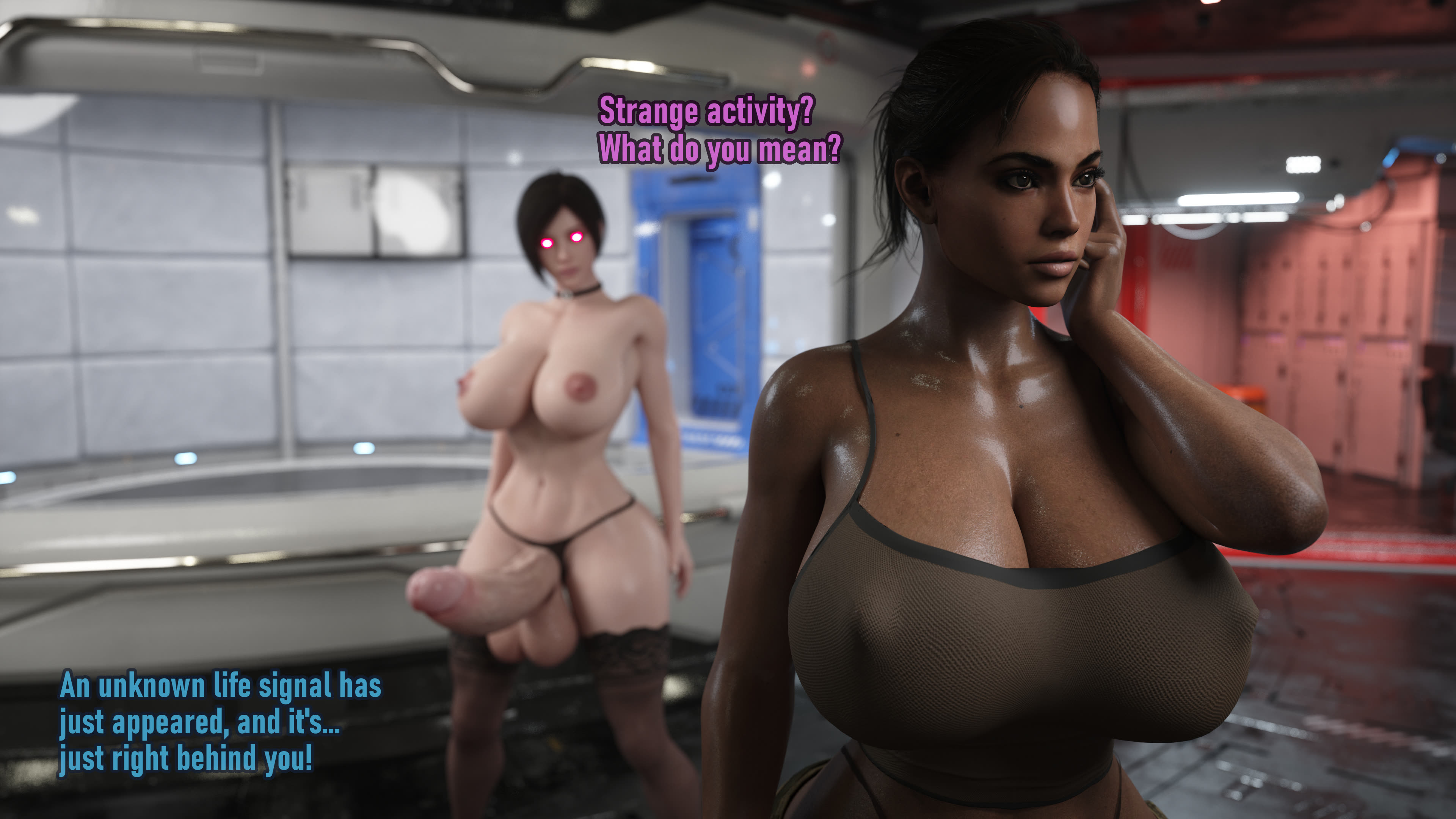 1futa, 1girls, 3d, 4k, absurdres, ada wong, black hair, blender, blurry background, breasts, comic, dark skin, dark-skinned female, english, english text, erection, female, futanari, glowing eyes, highres, huge breasts, huge cock, icedev, intersex, mostly nude, penis, red eyes, resident evil, resident evil 2, resident evil 5, sequence, sheva alomar, short hair, text