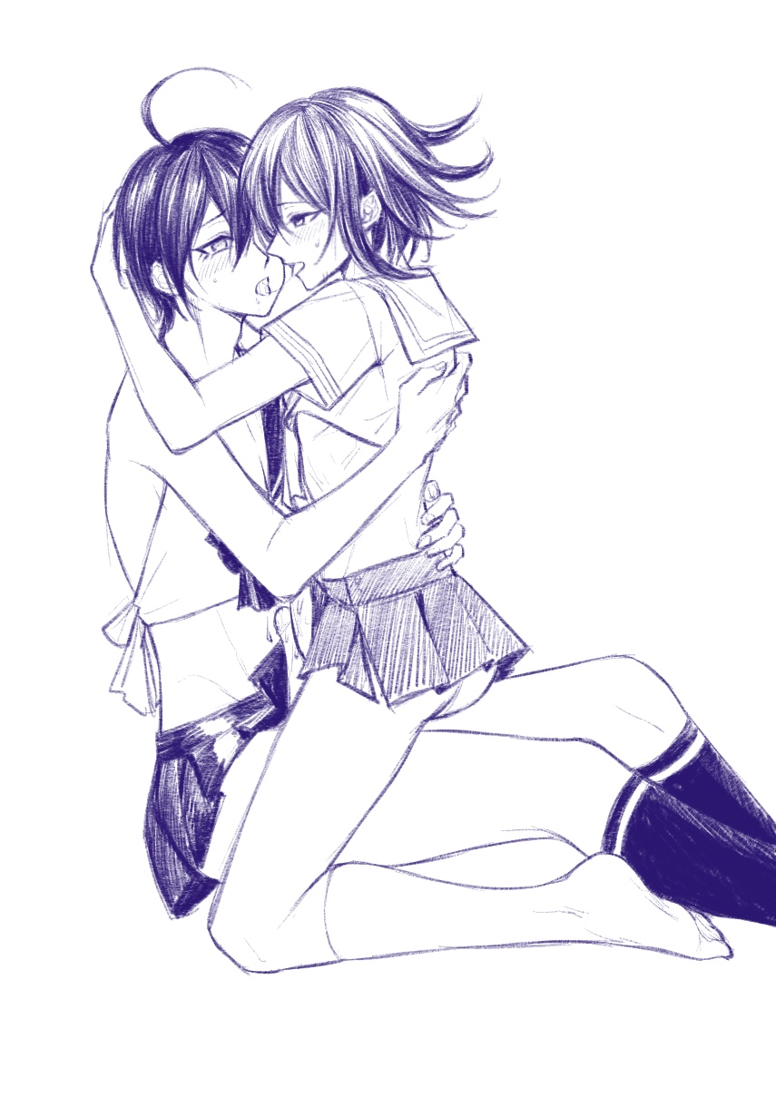 2boys, arched back, ass, blush, crossdressing, danganronpa, danganronpa v3, erection, ewa (seraphhuiyu), femboy, frottage, gay, girly, hip grab, male, male only, male/male, open mouth, ouma kokichi, penis, saihara shuuichi, school uniform, sitting on lap, skirt, skirt lift, straight hair, tagme, yaoi