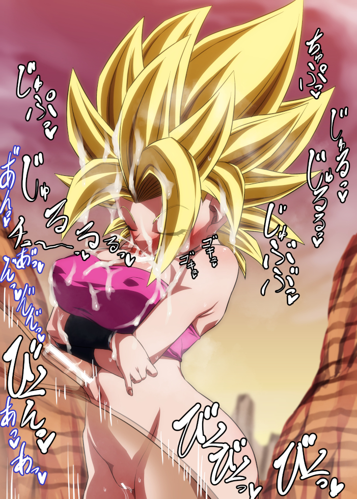 1boy afterimage bar_censor big_hair blonde_hair blush bottomless breasts caulifla censored closed_eyes covered_nipples cum cum_in_mouth cum_on_body cum_on_breasts cum_on_hair dragon_ball dragon_ball_super ejaculation facial fellatio female large_breasts large_penis oral outdoors paizuri penis pink_tube_top pussy rom_(20) sky solo_focus sound_effects speed_lines spiked_hair straight strapless super_saiyan super_saiyan_2 translation_request tube_top