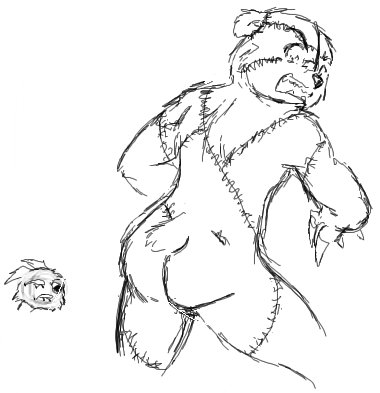 1boy angry anthro ass furry male male_only monochrome nude ruby_quest sketch solo stitches stitches_(rq) white_background