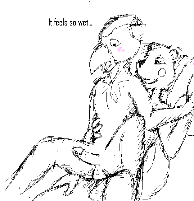 2boys anal anal_sex anthro avian balls blush duo english_text erection filbert_(rq) furry jay_(rq) male male_only monochrome penis ruby_quest sex sketch text white_background