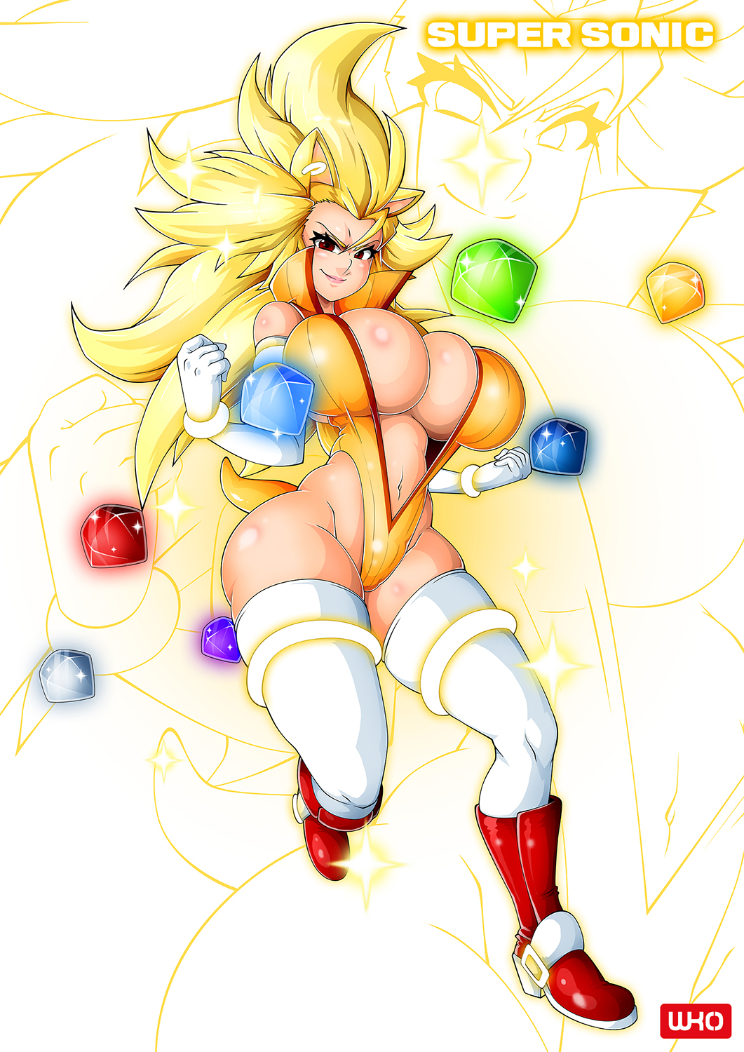 arm_length_gloves big_breasts boots chaos_emerald cleavage clothed_female clothing gloves golden_hair hedgehog highleg_leotard hourglass_figure huge_breasts humanized leotard long_hair rule_63 smile sonic_(series) sonic_the_hedgehog sonique_the_hedgehog spiky_hair super_sonic thick_thighs thighhighs tight_clothing tight_fit wide_hips witchking00