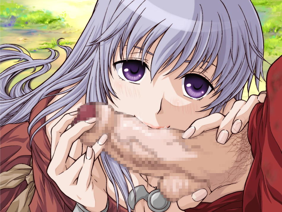 1girls adol_christin censored fellatio female foreskin grey_hair kate_sai oral penis purple_eyes reah uncircumcised uncut ys