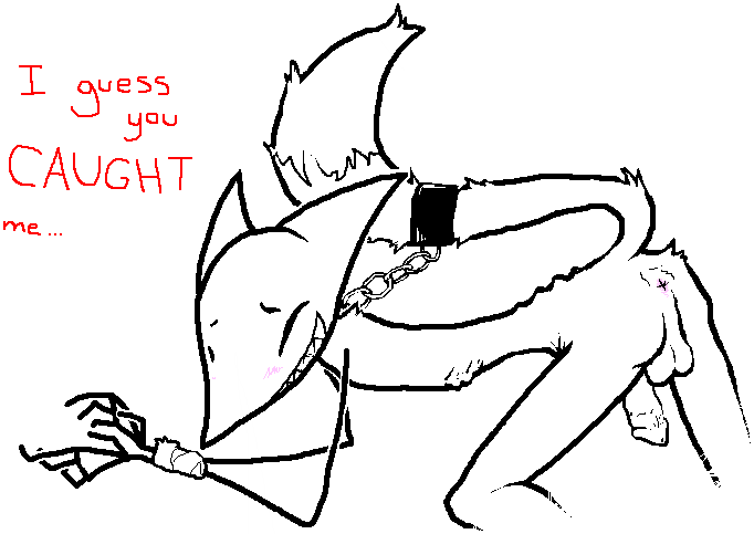 1boy anthro anus balls blush bondage chains english_text ensea furry male male_only monochrome penis raised_tail red_(rq) ruby_quest sharp_teeth smile solo text tied_hands