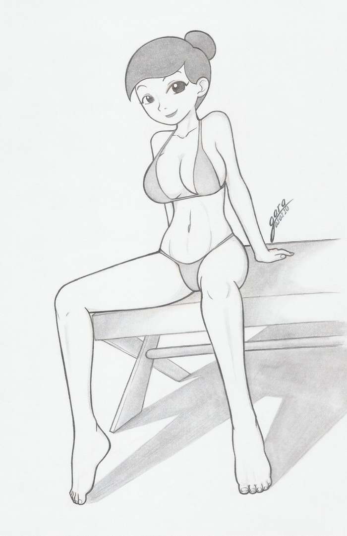 big_breasts bikini bikini_bottom bikini_top clothed disney female female_only front_view garabatoz greyscale human lou_and_lou_safety_patrol monochrome safety_mom sitting solo table