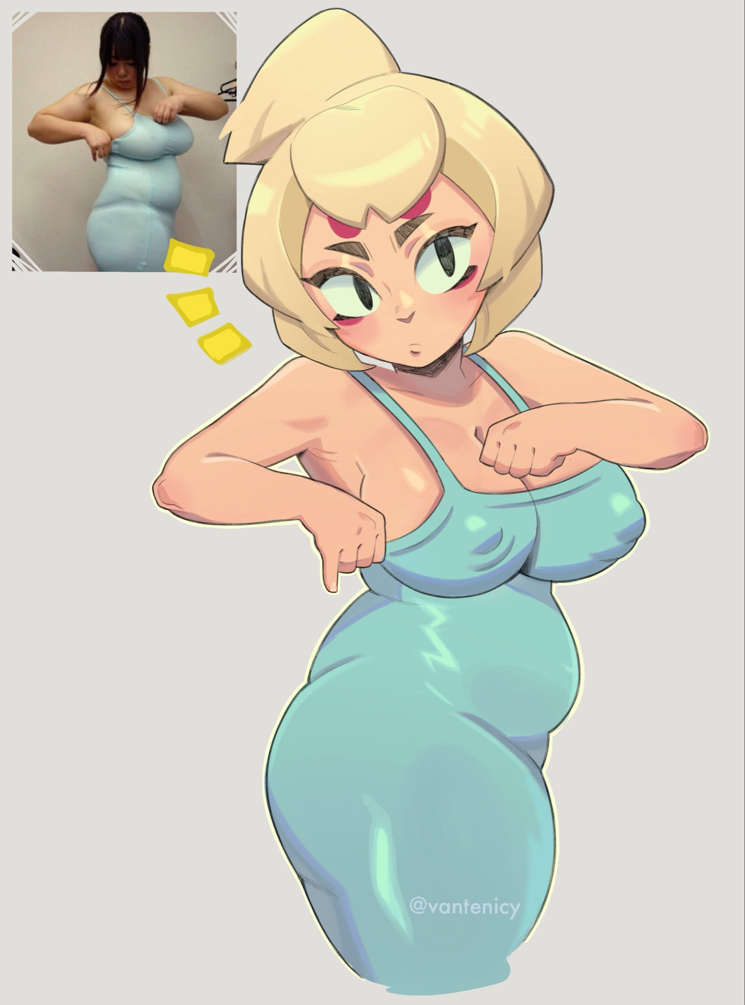 armpits, ass, belly, big breasts, big nipples, brawl stars, breasts, charlie (brawl stars), chubby, chubby female, nipple bulge, nipples, reference image, sideboob, stomach bulge, supercell, tagme, thick thighs, vantenicy