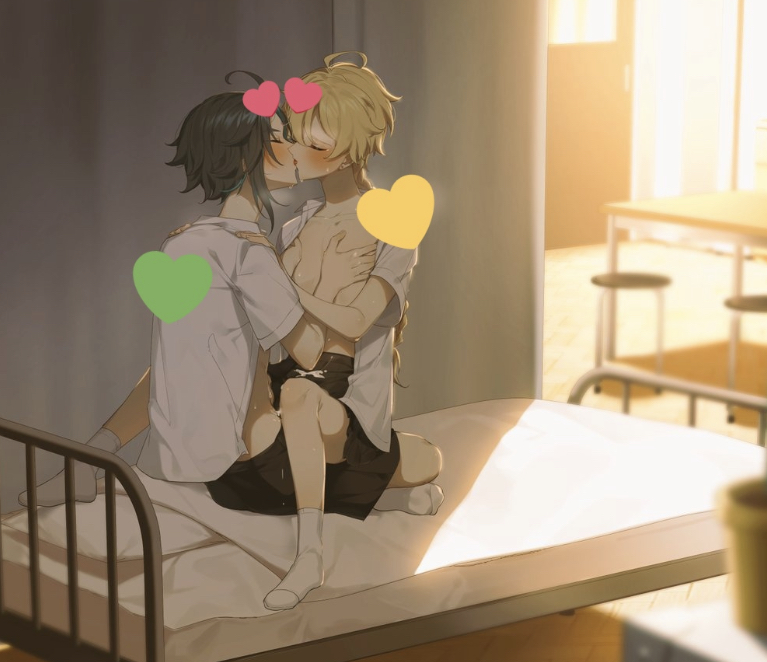 aether (genshin impact), artist request, crossdressing, femboy, gay, genshin impact, male, male only, school uniform, xiao (genshin impact), yaoi