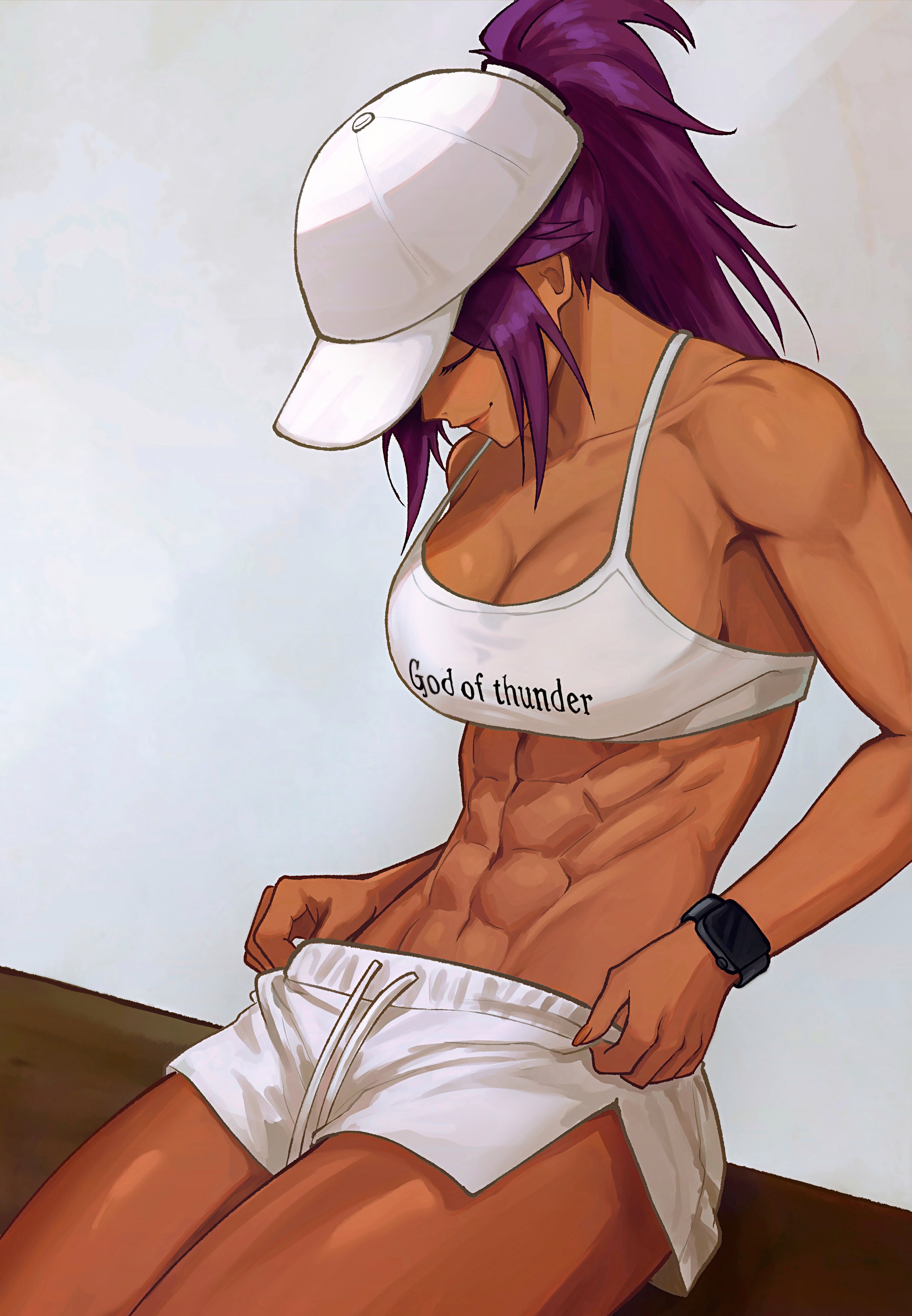 abs, absurd res, big breasts, bleach, cleavage, dark skin, dark-skinned female, female focus, female only, gym clothes, midriff, muscular female, purple hair, shihouin yoruichi, si12o2, sportswear, tied hair, toned female