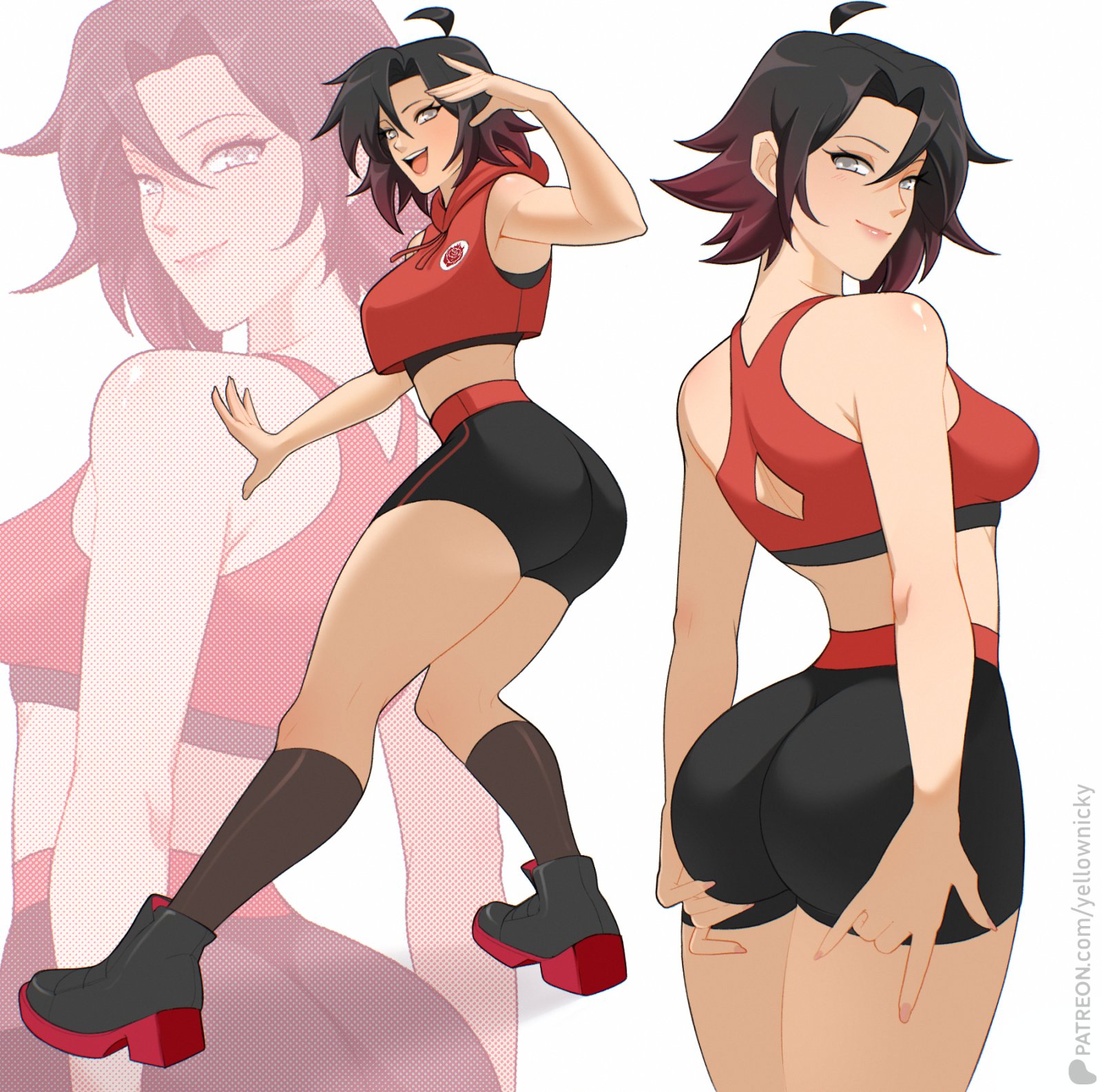 1girls, ahoge, red hair, ruby rose, rwby, silver eyes, workout clothes, yellow nicky (artist)